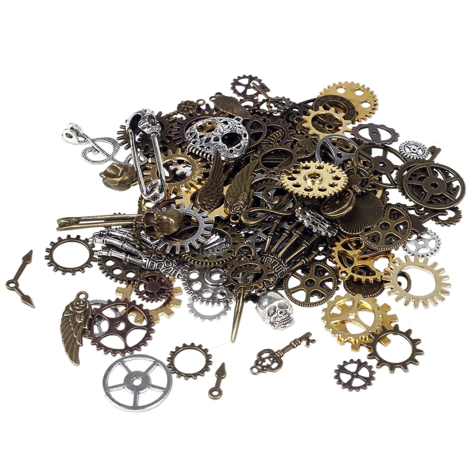 BIHRTCBIHRTC 200 Gram Antique Steampunk Gear DIY Assorted Mixed Color Metal Cog Wheel Skull Brass Key Pendant Charms for Craft Jewelry Making Accessory