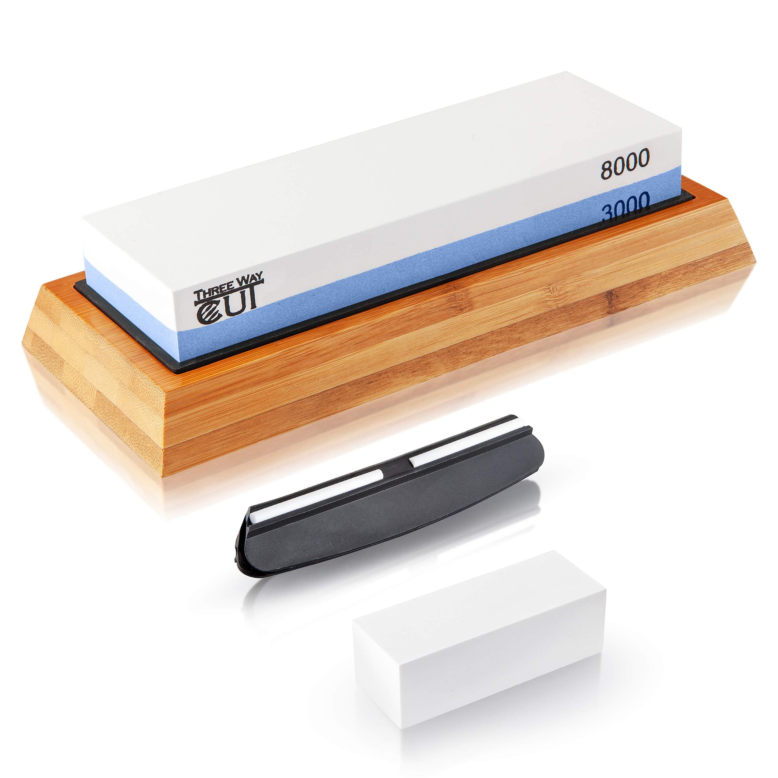 Knife Sharpening Stone Kit - 2 Side Whetstone Set 3000/8000 Grit Sharpening and Honing Wet Stone Waterstone Sharpener for Chefs and Kitchen Knife Anti-slip Base Angle Guide & Flattening Stone