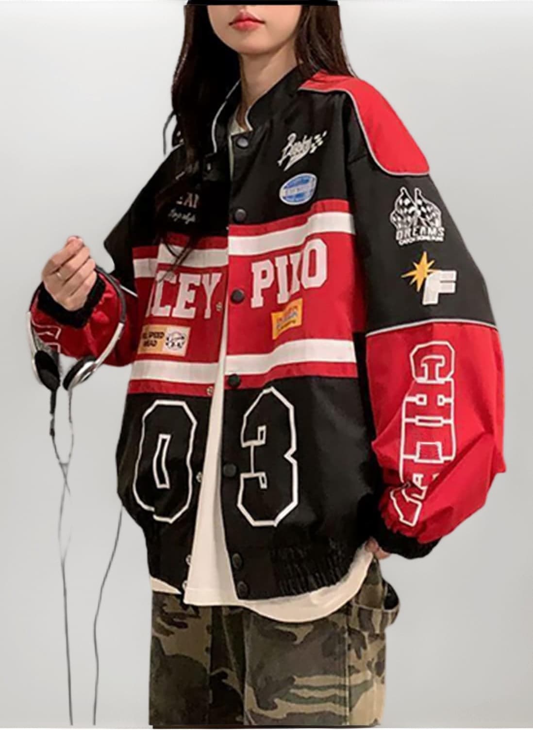 Varsity Jacket for Women Patchwork Long Sleeve Racing Bomber Letterman Jackets Color Block Y2k Vintage Streetwear