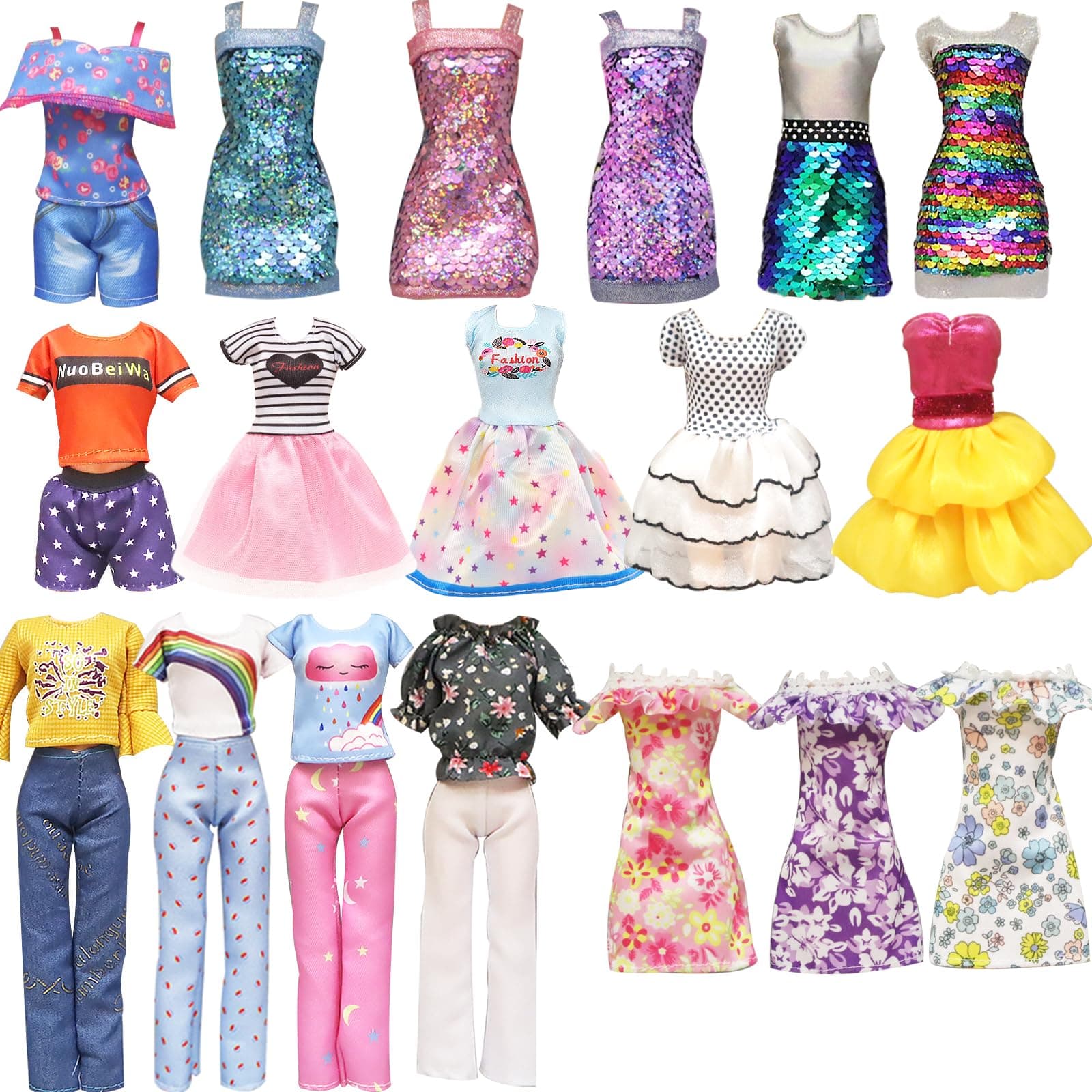 20 Pcs Doll Clothes and Accessories for Barbie Handmade 3 Sequins Dresses 4 Fashion Dresses 3 Tops and Pants Casual Outfits 10 Shoes for 11.5 inch Girl Dolls in Random