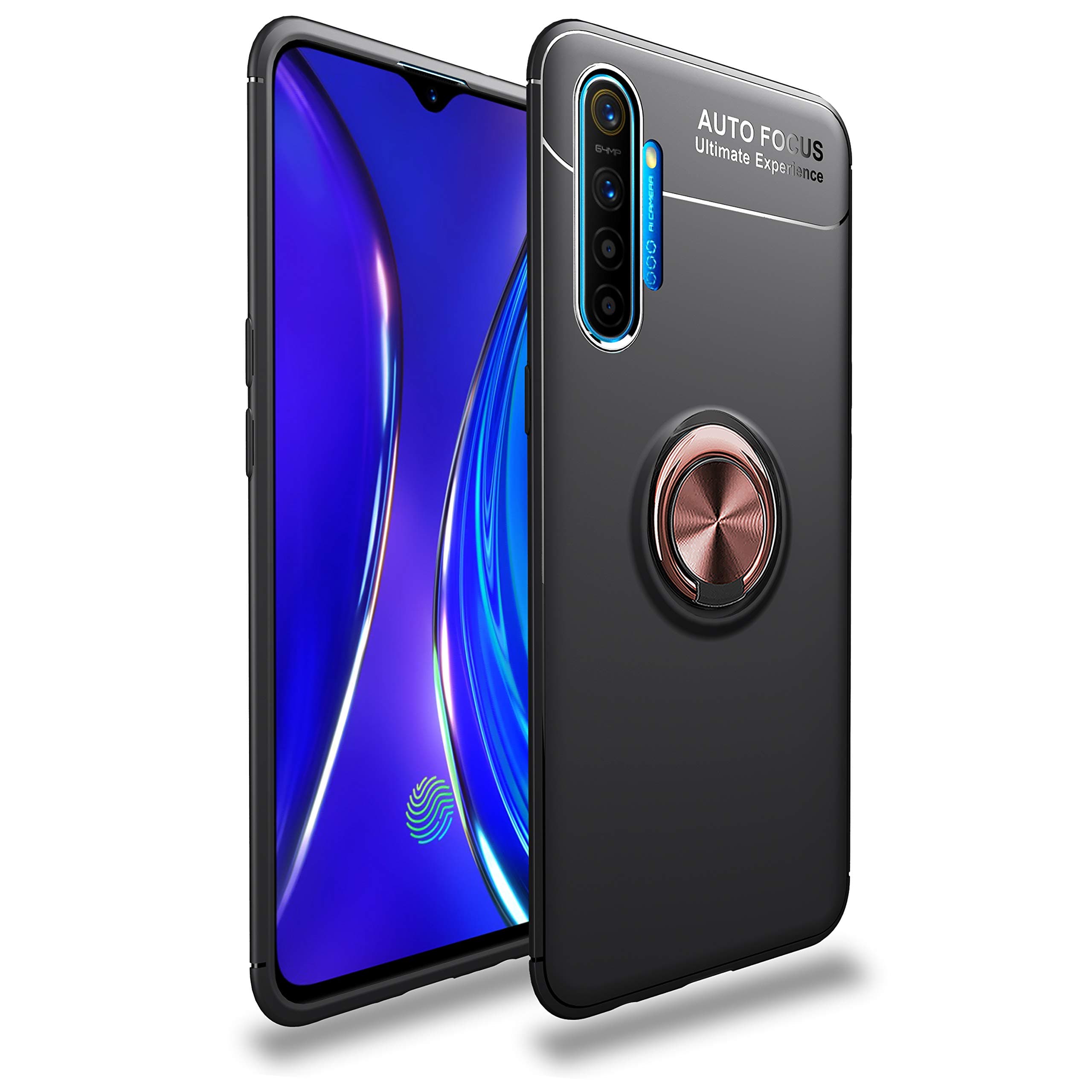 FanTings Case for Oppo Realme XT/Realme X2, 360°Adjustable Rotating Ring Bracket,Compatible with Magnetic Car Mount ,Earthquake Resistance Cover for Oppo Realme XT/Realme X2 -Black+Rose Gold