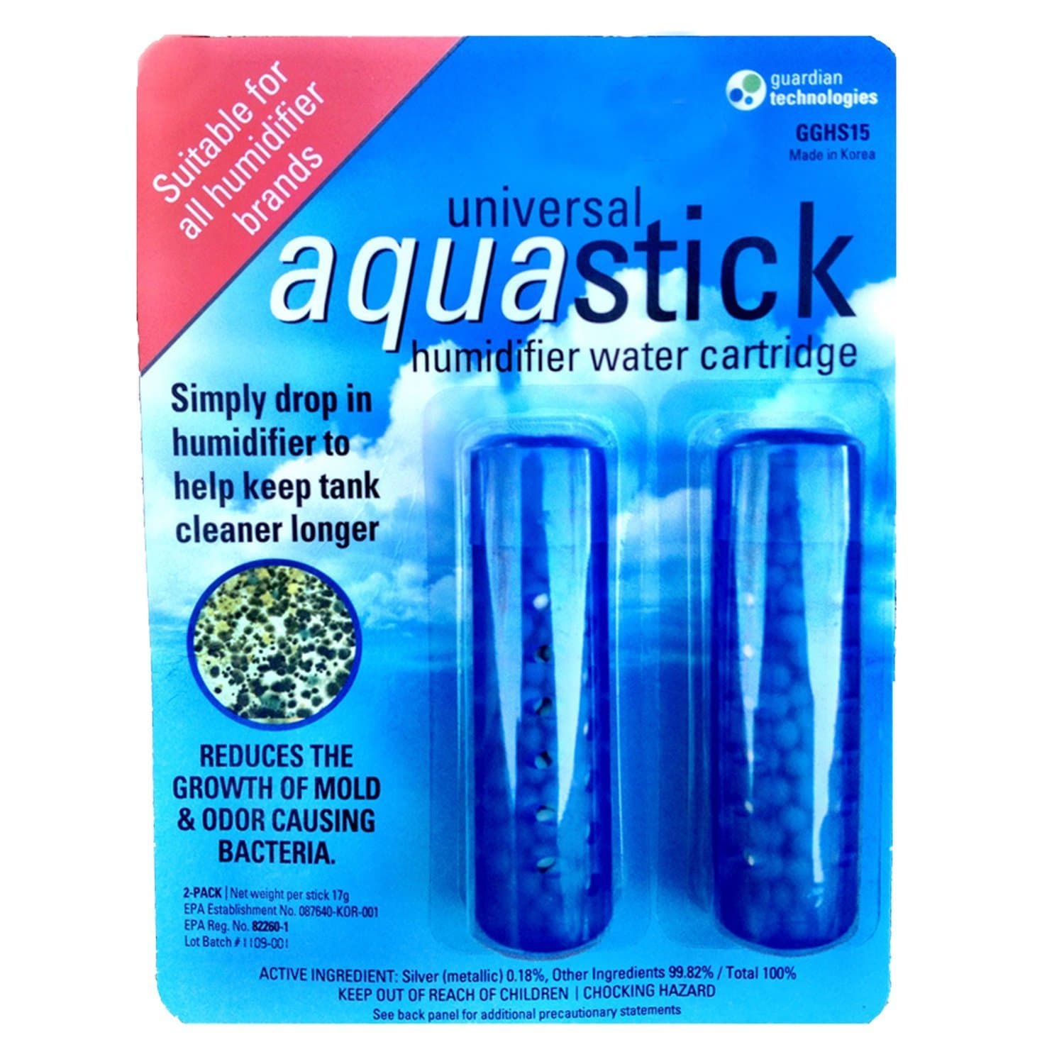 Aquastick, Universal, Genuine Guardian Technologies Antimicrobial Humidifier Treatment, Ultrasonic & Evaporative, Fits All Brands, Reduces Odors, 2 Count (One Pack of Two), GGHS15