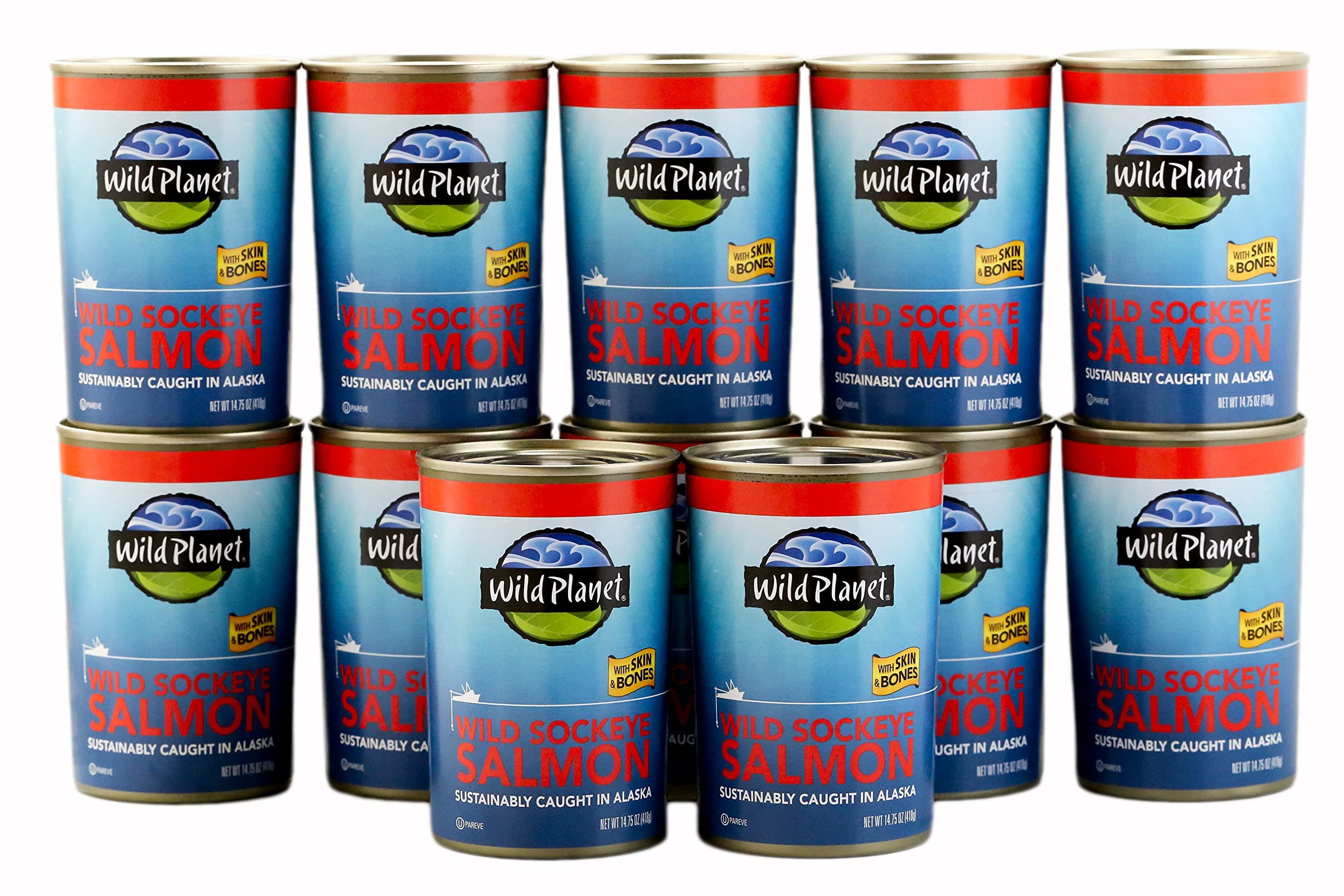 Wild Planet Wild Sockeye Salmon With Skin and Bones, Tinned Fish, Canned Salmon, Sustainably Wild-Caught, Non-GMO, Kosher, Gluten Free, Keto and Paleo, 14.75 Ounce (Pack of 12)