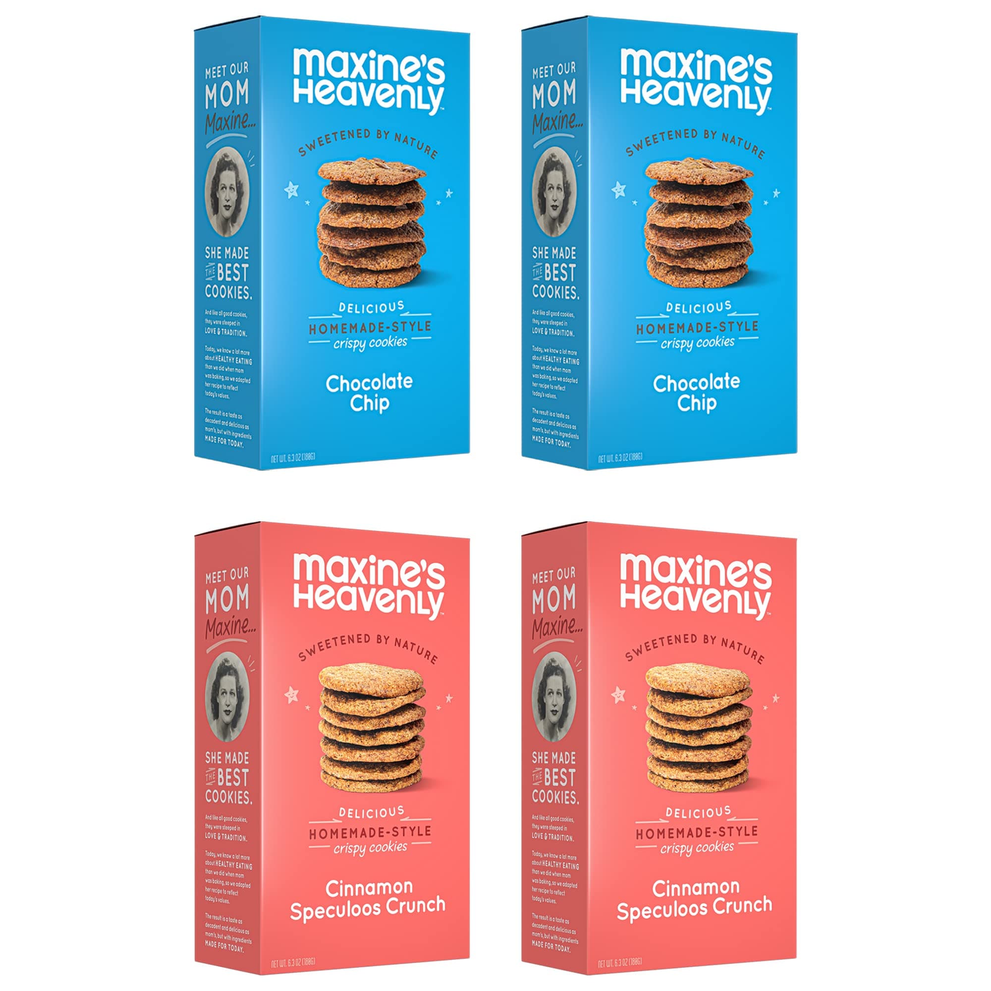 Maxine's Heavenly Crispy Chocolate Chip Cookies and Cinnamon Speculoos Cookies | Low Carb, Low Sugar, Vegan Snacks, Plant Based Snack, Kosher, Gluten Free Snack - Healthy Snacks | 4 pack = 48 cookies