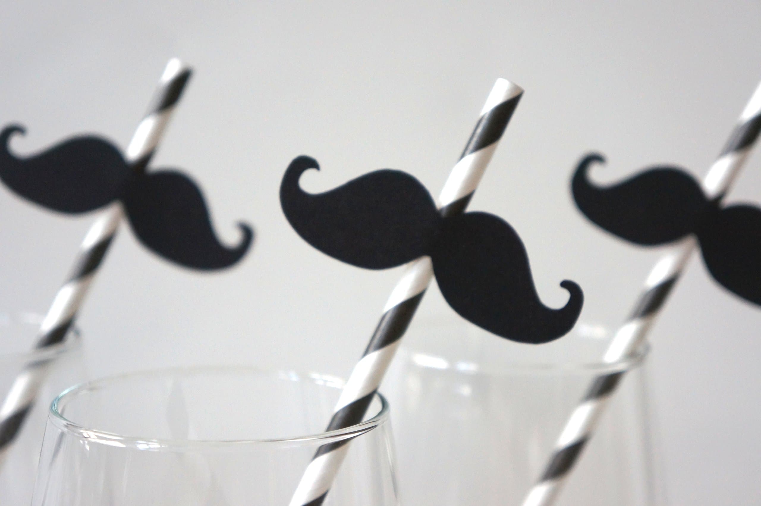 Mustache Straws - Set of 10 - Mustaches on BLACK Striped Paper Straws