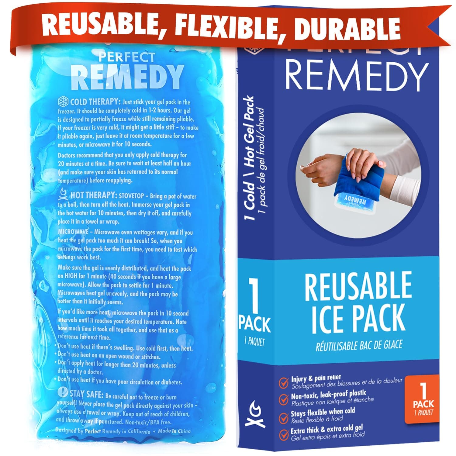 Reusable Gel Ice Pack for Hot and Cold Compress, Ice Packs for Injuries Reusable Gel, for Injury Recovery and Muscle Pain Relief (1-Pack, Blue, Regular)