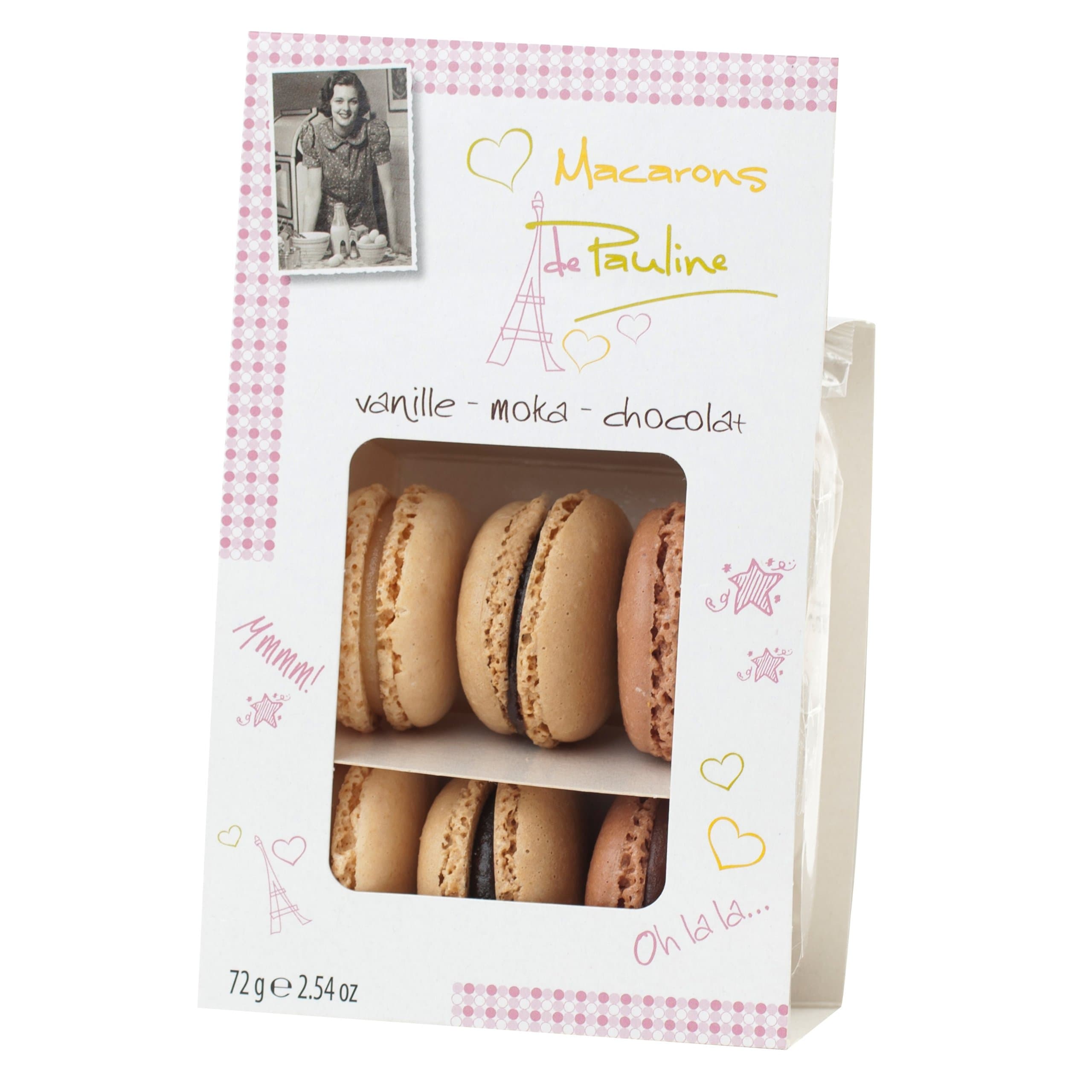 6 x Assorted Flavours Macarons de Pauline 72g (Vanilla, Mocha & Chocolate)