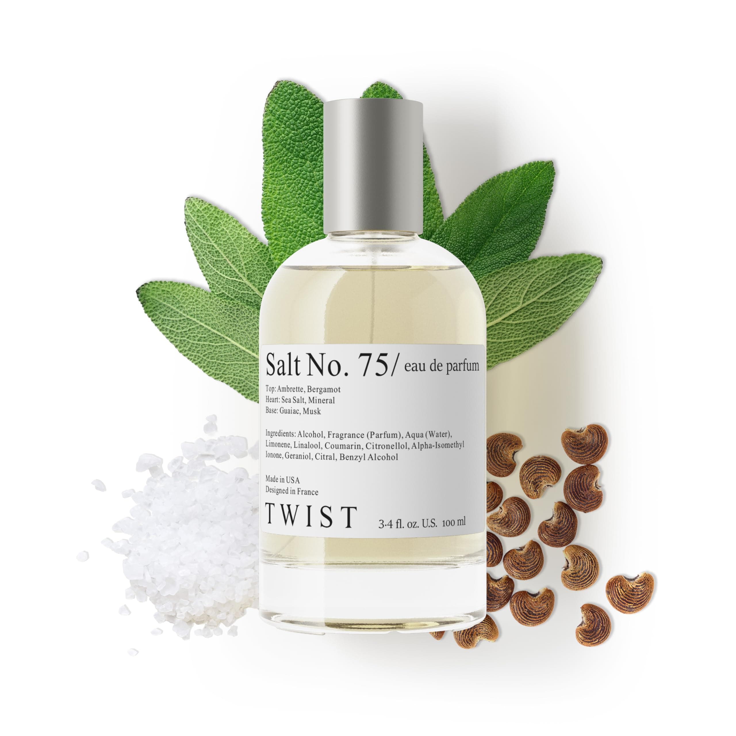 Twist Salt No. 75 - Eau De Parfum Inspired by J. Malone Wood Sage & Sea Salt, Long-Lasting Perfume For Women & Men, Paraben Free, Vegan, Clean Ingredients, Unisex - Spray 100 ml | 3.4 fl. oz.