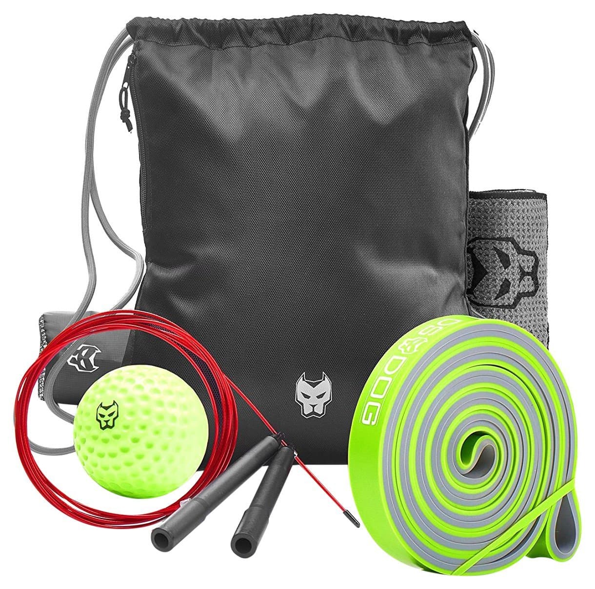 DS DOG Workout Bag Best Set for Optimal Training in Any Conditions – Includes Backpack, Dual Color Resistance Band, Foam Massage Ball, Microfiber Sport Towel & Jump Rope