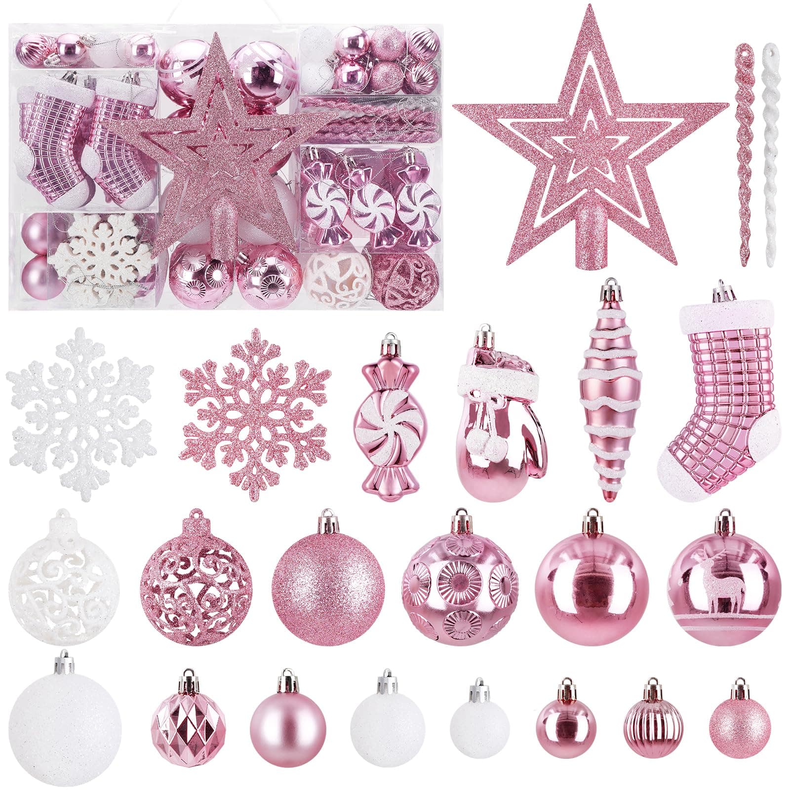 128 Pcs Christmas Ball Ornament Set, SOLEDI Assorted Christmas Ornaments, Shatterproof Decorative Baubles for Xmas Tree Decor, Gift Package with Reusable Hand for Christmas Decorations, Pink