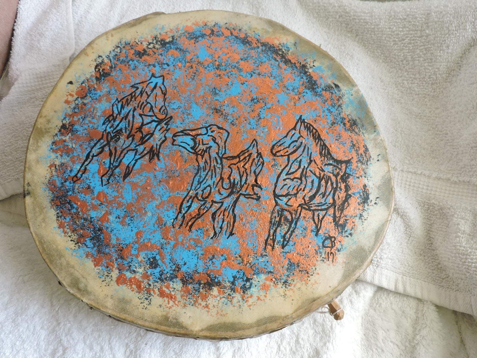 Hand made, hand painted Indian drum. Indian artist