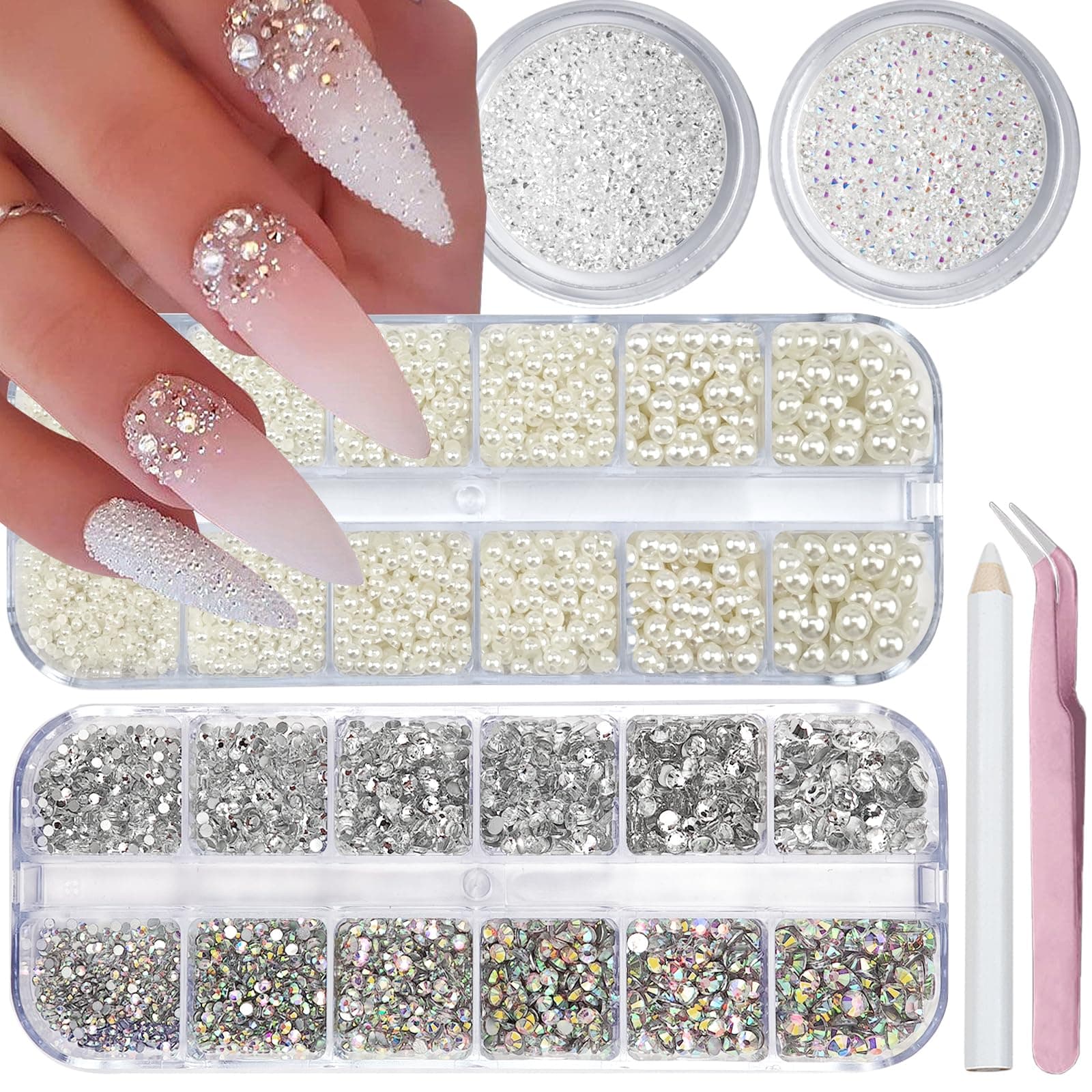 4 Boxes Flatback Rhinestones and Pearls Nail Charms for Acrylics - Crystals, Half Rounds, and Accessories for DIY Nail Art Decor