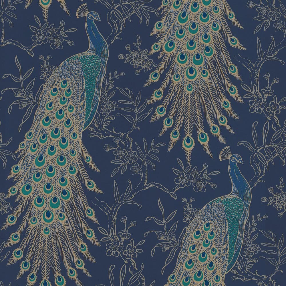 Rasch Portfolio Peacock Wallpaper Navy Blue Gold Metallic Exotic Bird Feathers Lusury Feature Wall 10m Roll 215700