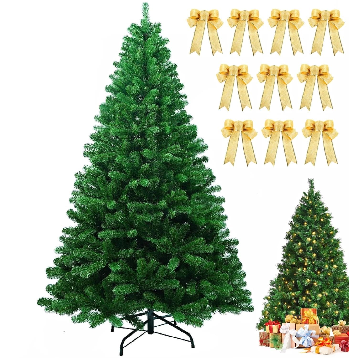 NICPET 180CM Christmas Tree with 670 Branch Tips of 10 Bow Decorations, Premium PVC Holiday Christmas Tree, Ideal for Home, Office, and Xmas Party Decoration, Includes Metal Foldable Stands