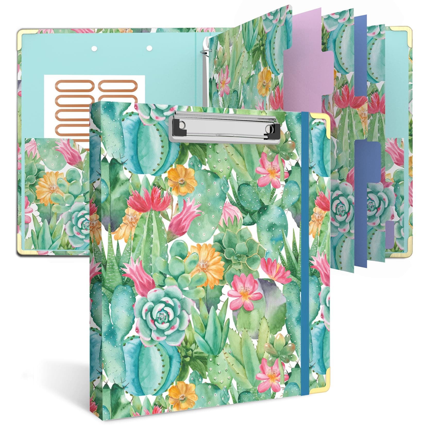 3 Ring Binder 1 Inch, Cute Round Ring Binders with 6 Tab Dividers, Labels Stickers, Low Profile Clipboard with Storage, Fashion Binder School Office Supplies(Cactus Flowers)