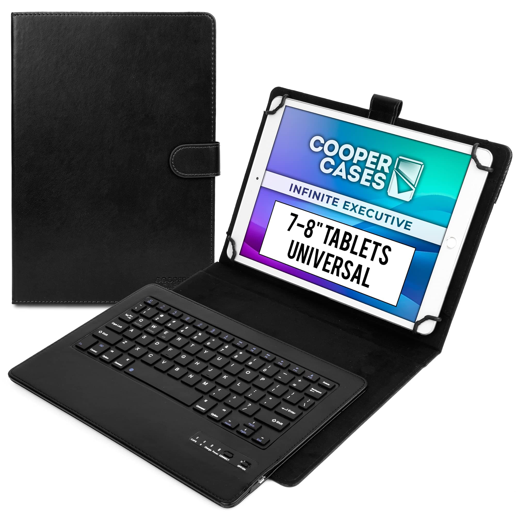 Cooper Infinite Executive Keyboard Case for 7, 7.9, 8" Tablets | Universal Fit | 2-in-1 Leather Folio Cover & Bluetooth Wireless Keyboard with Hotkeys