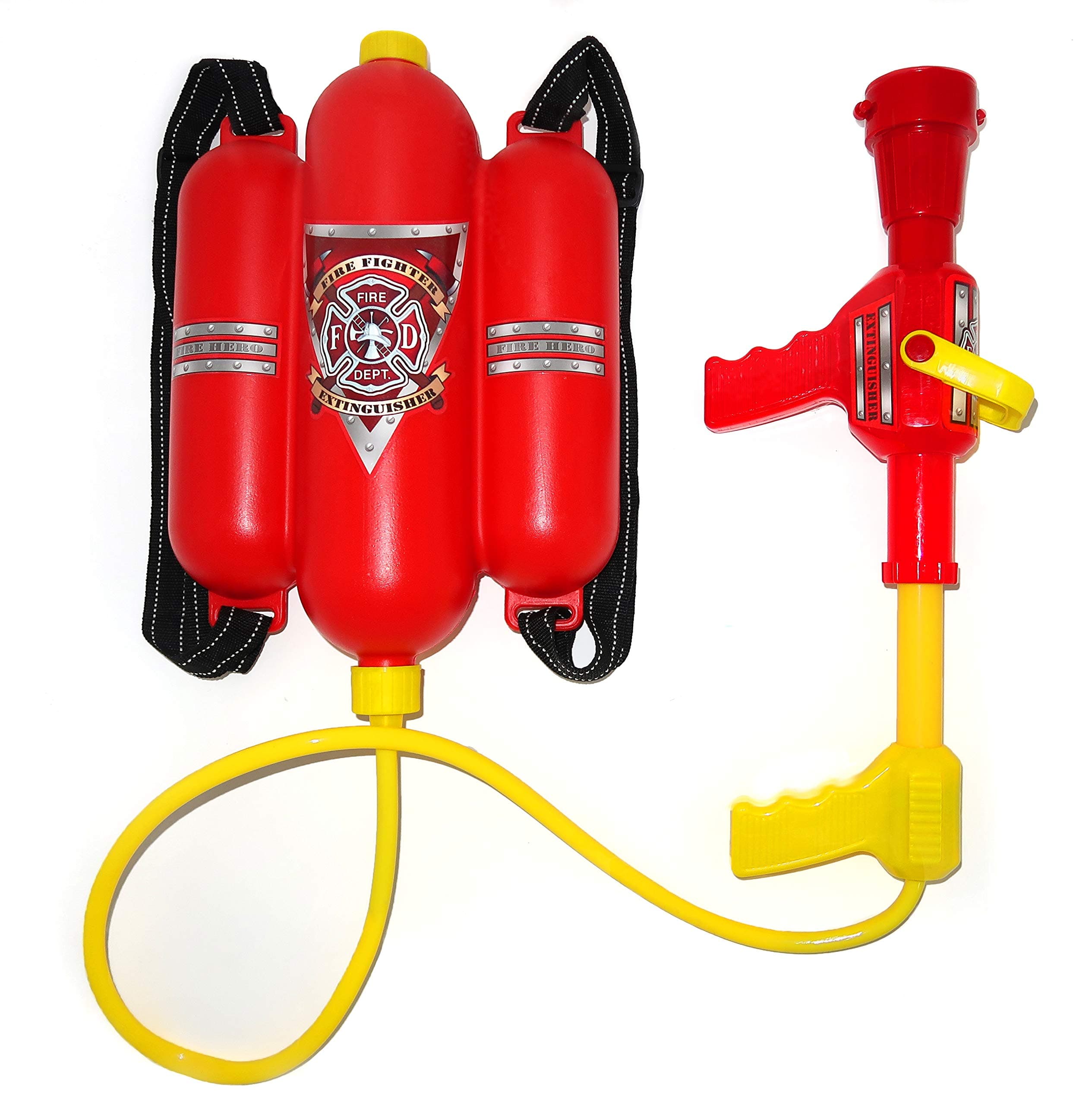 4E's Novelty Firefighter Backpack Water Gun Blaster for Kids- Tank with Hose Shooter, Super Water Squirt Suitable for Outdoor Play Boys & Girls, Fireman Pretend Play