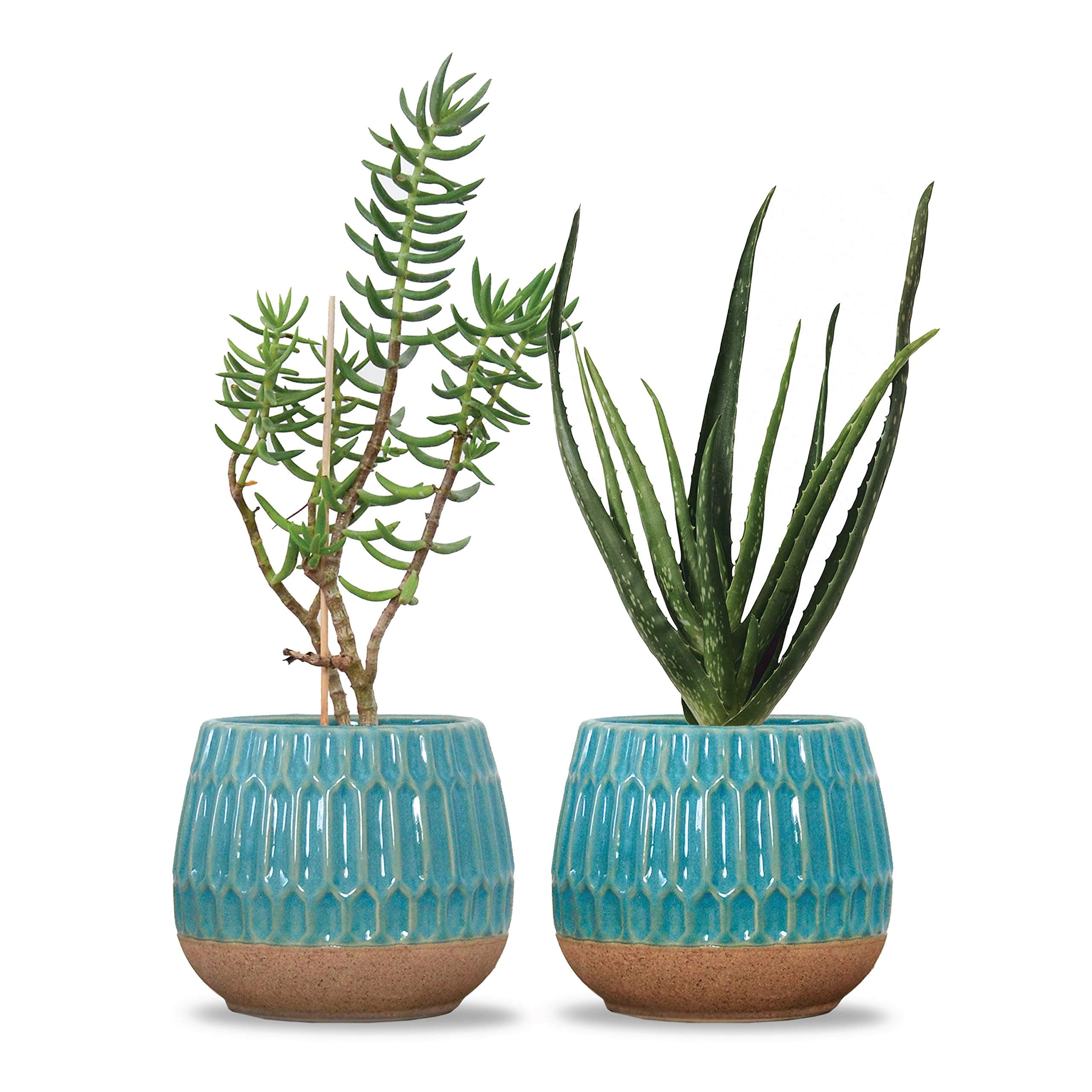 Valencia - Ceramic Indoor Flower Pots for Plants – Indoor Garden Planters with Drainage Holes – Set of 2 - Beautiful Small Plant Pots - Teal