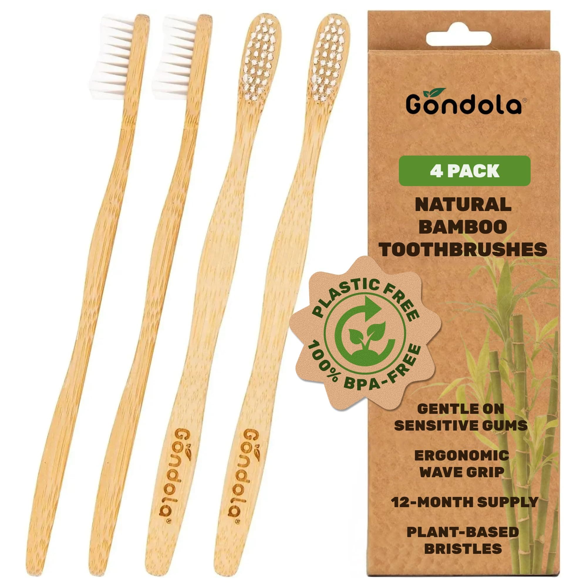Gondola Organic Bamboo Toothbrushes Adults - 4 Pack - Soft Bristles for Sensitive Gums - Bamboo Toothbrush for Adults - Gentle Cleaning - Wellness Essentials Manual Toothbrush for Home & Travel