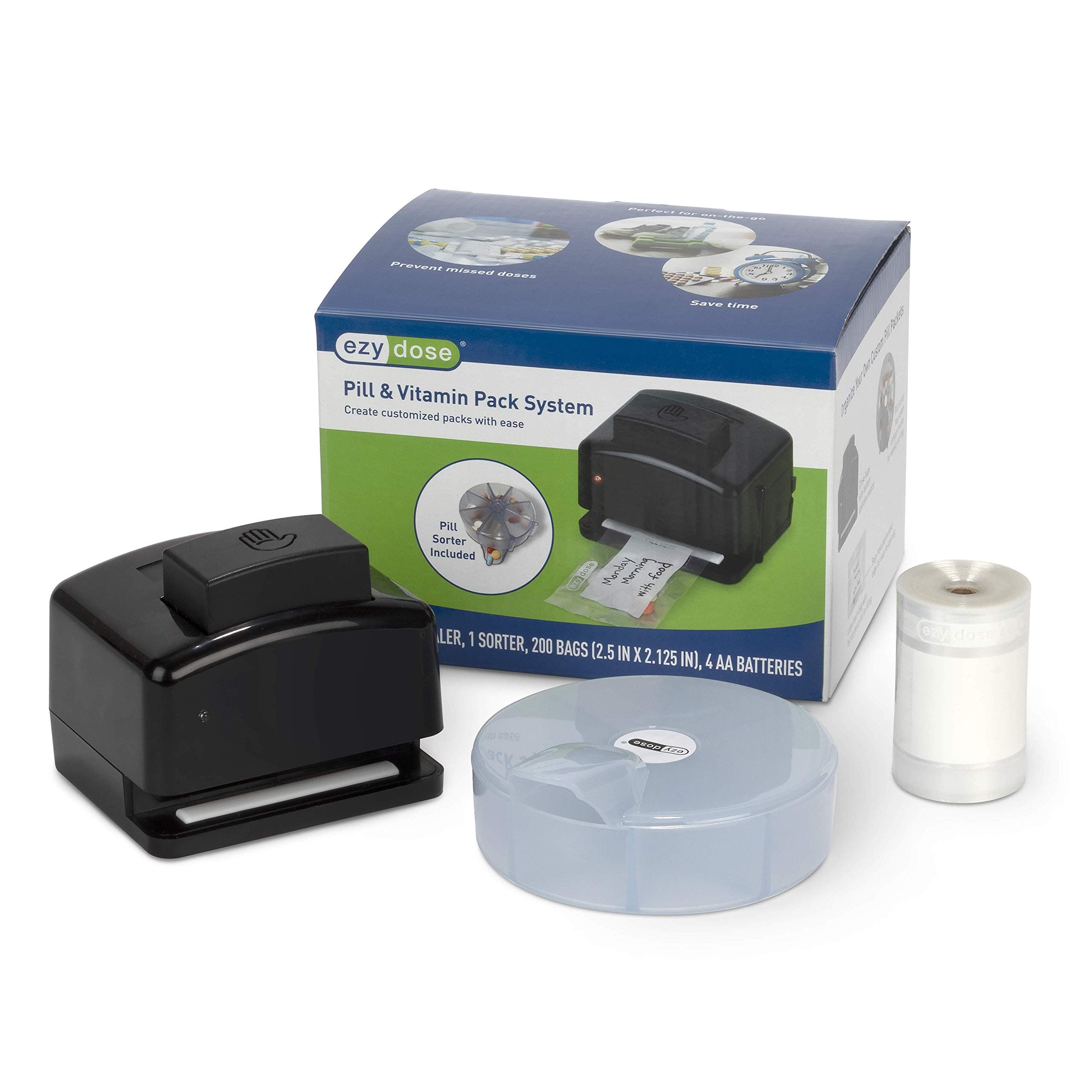 EZY DOSE Weekly (7 Days) Pill Organizer, Vitamin and Medicine System, Sorter, Sealer, Battery, 200 Easy Tear Pill Pouches