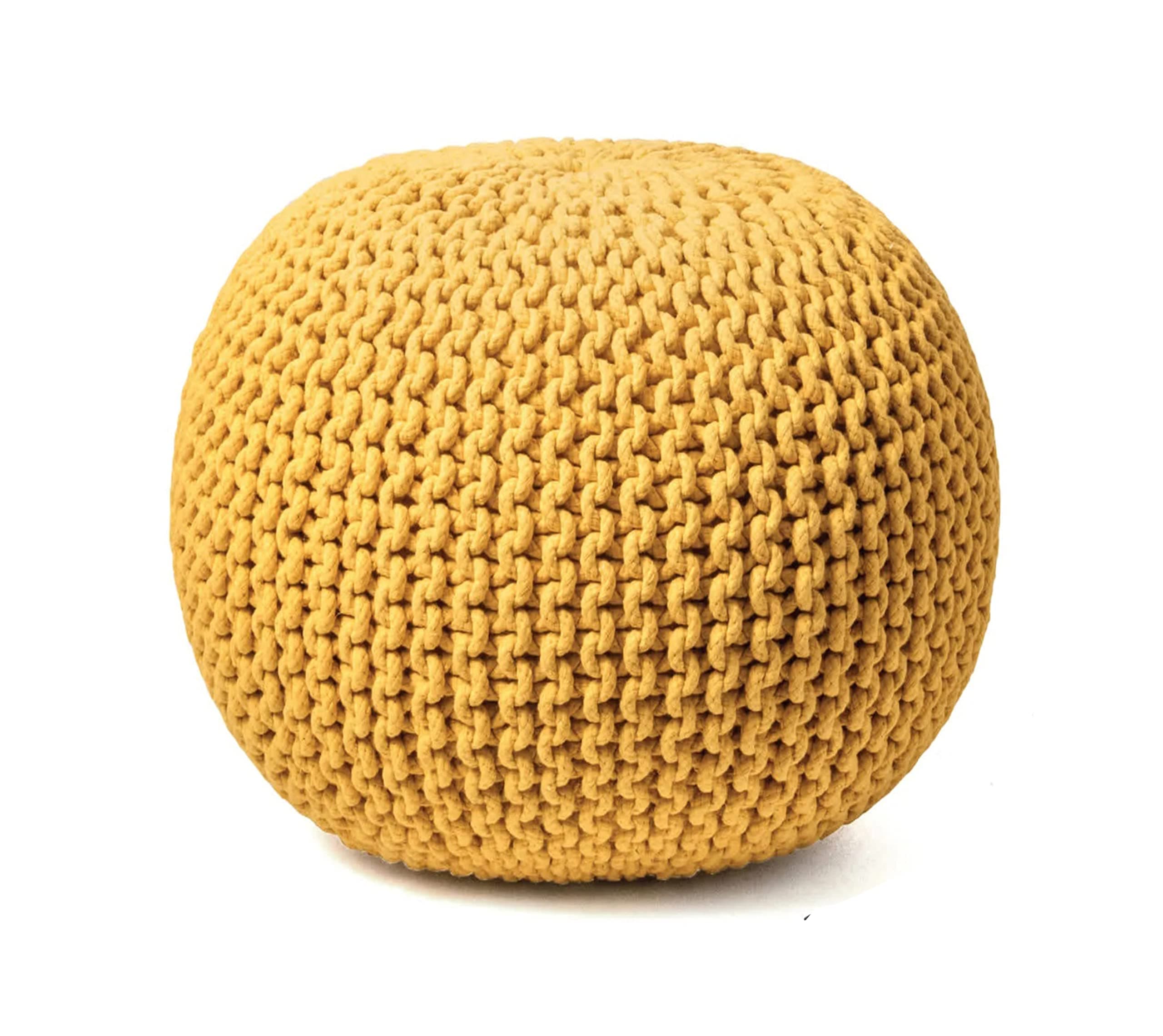 FRELISH DECOR Round Pouf Ottoman Hand Knitted 100% Cotton Pouf Foot Stool - Knitted Bean Bag - Floor Chair for Living Room Bedroom - Foot Rest for Couch (20 Diameter x 14 Height) - Yellow