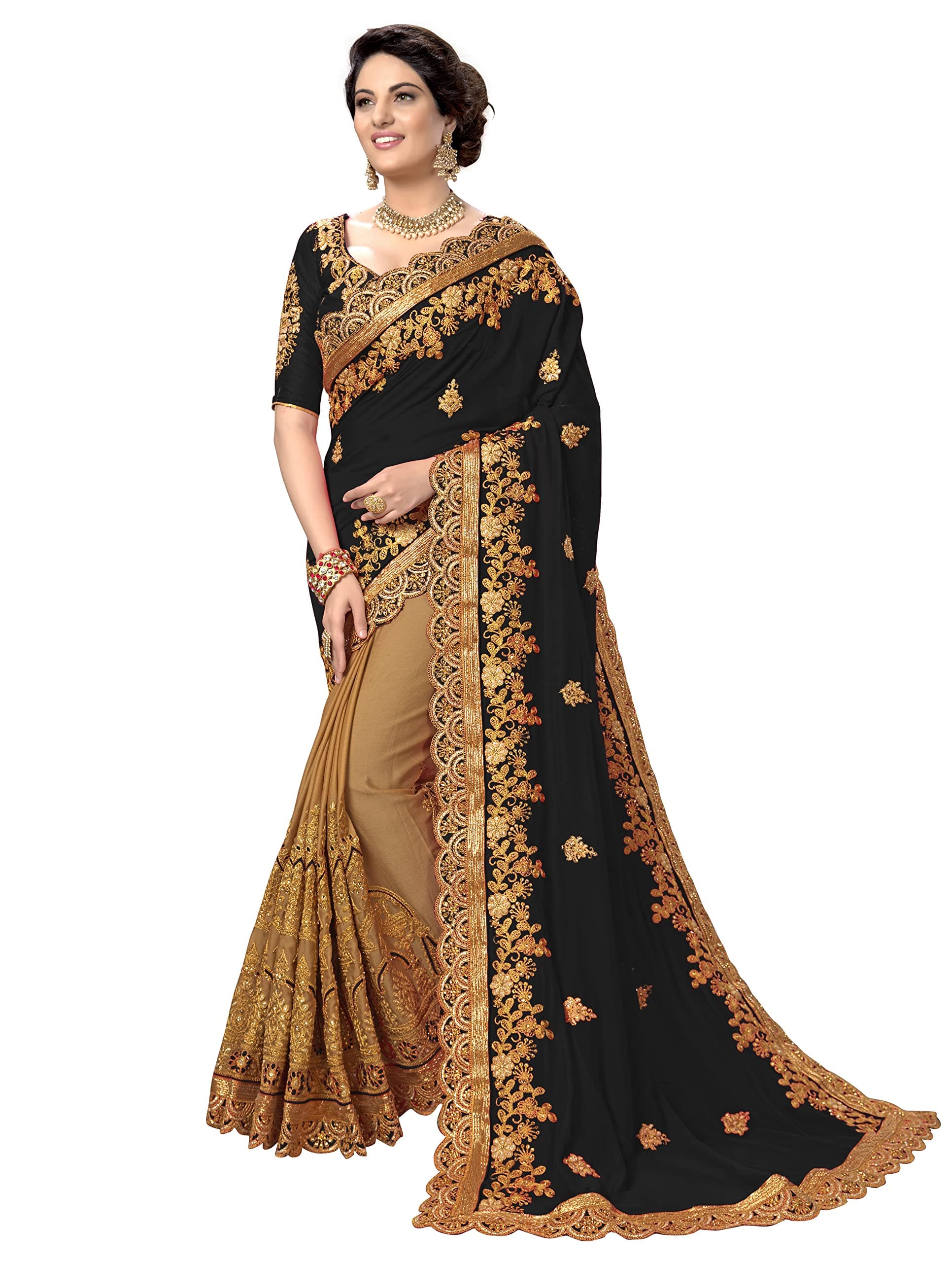 TRENDMALLS Women's Silk Satin Embroidery Saree with Unstitched Blouse