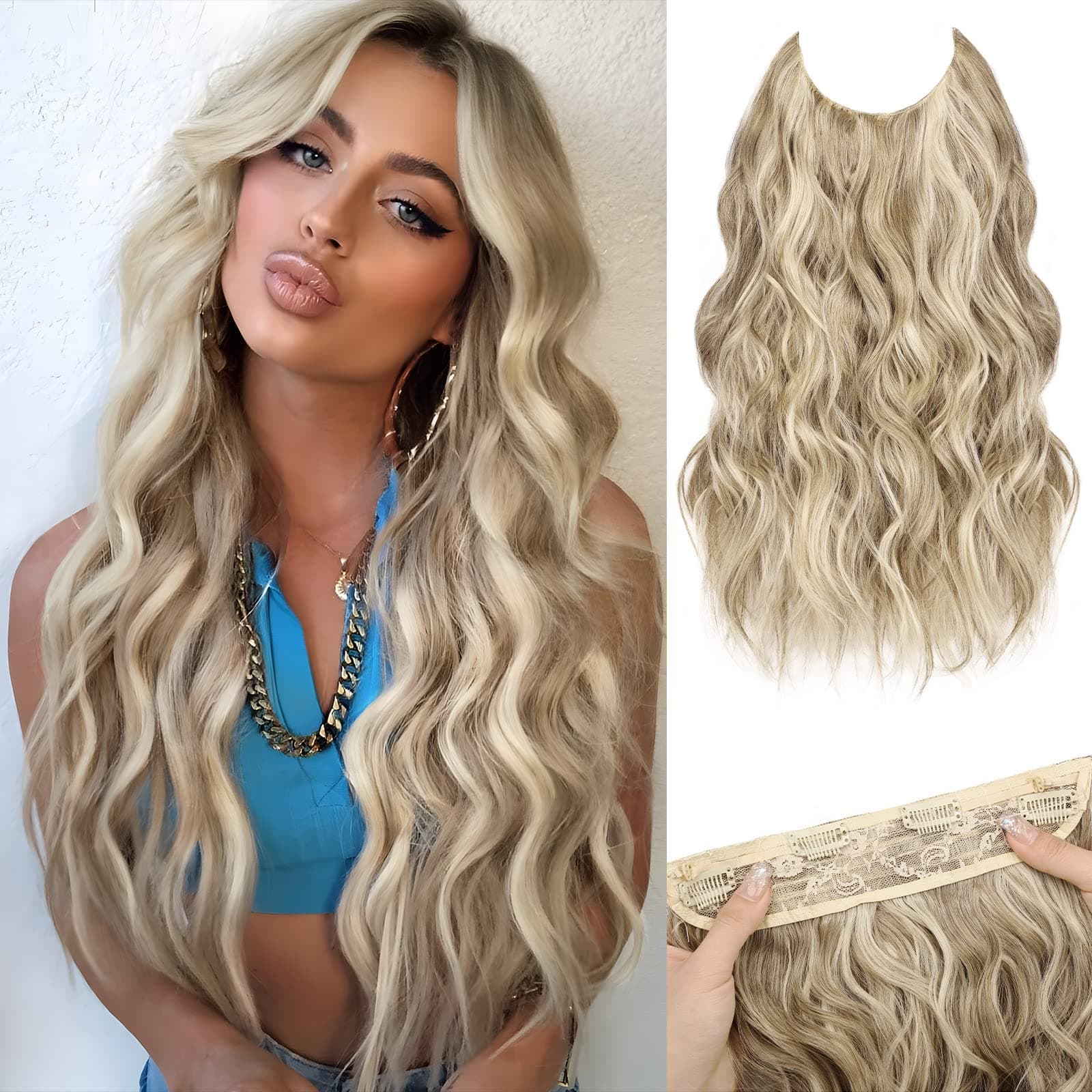 MORICA Halo Hair Extensions, 20 Inch Invisible Wire Hair Extensions Long Wavy Synthetic Hairpiece with Transparent Wire Adjustable Size, 4 Secure Clips for Women (Ash Blonde Mixed Light Blonde,20Inch)