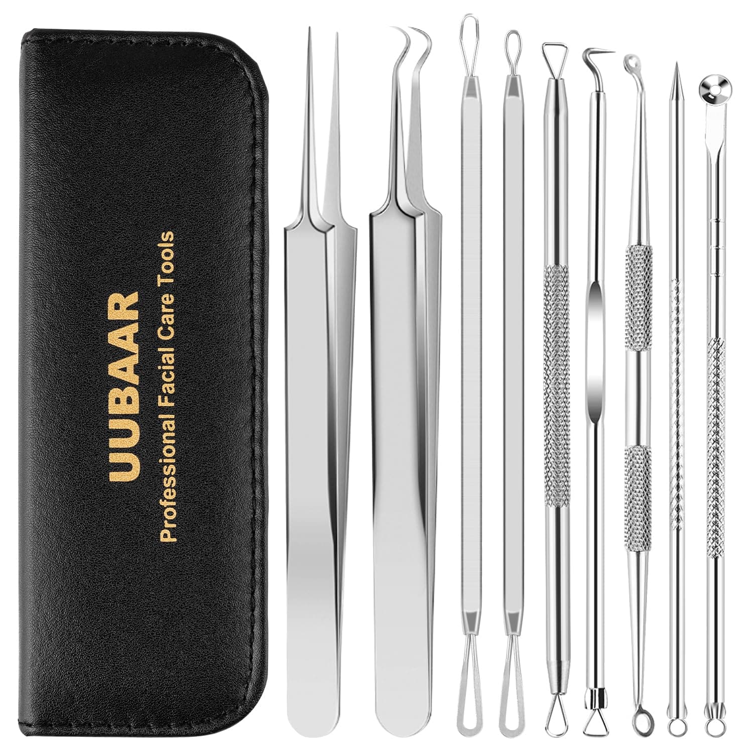 Blackhead Remover Tools, 9PCS Pimple Popper Tool Kit - Stainless Steel Pimple/Comedone Extractor & Tweezers for Acne/Zit Removal, Nose & Face Extraction Tools for Estheticians with Leather Case