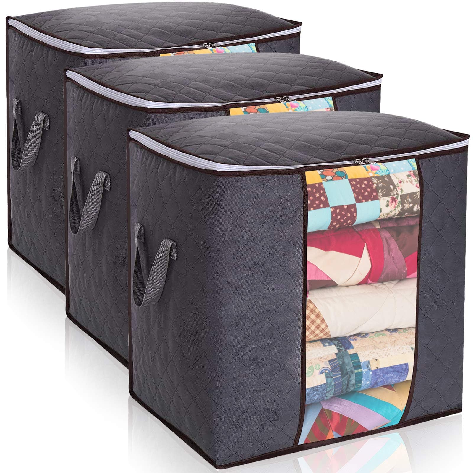 Lvelfe 90L Large Clothes Storage Bags with Zips Duvet Storage Bag King Size Thick Breathable Fabric Underbed Storage Bags with Big Clear Window Clothing Storage Bags for Quilt Bedding Blankets, 3 PCS