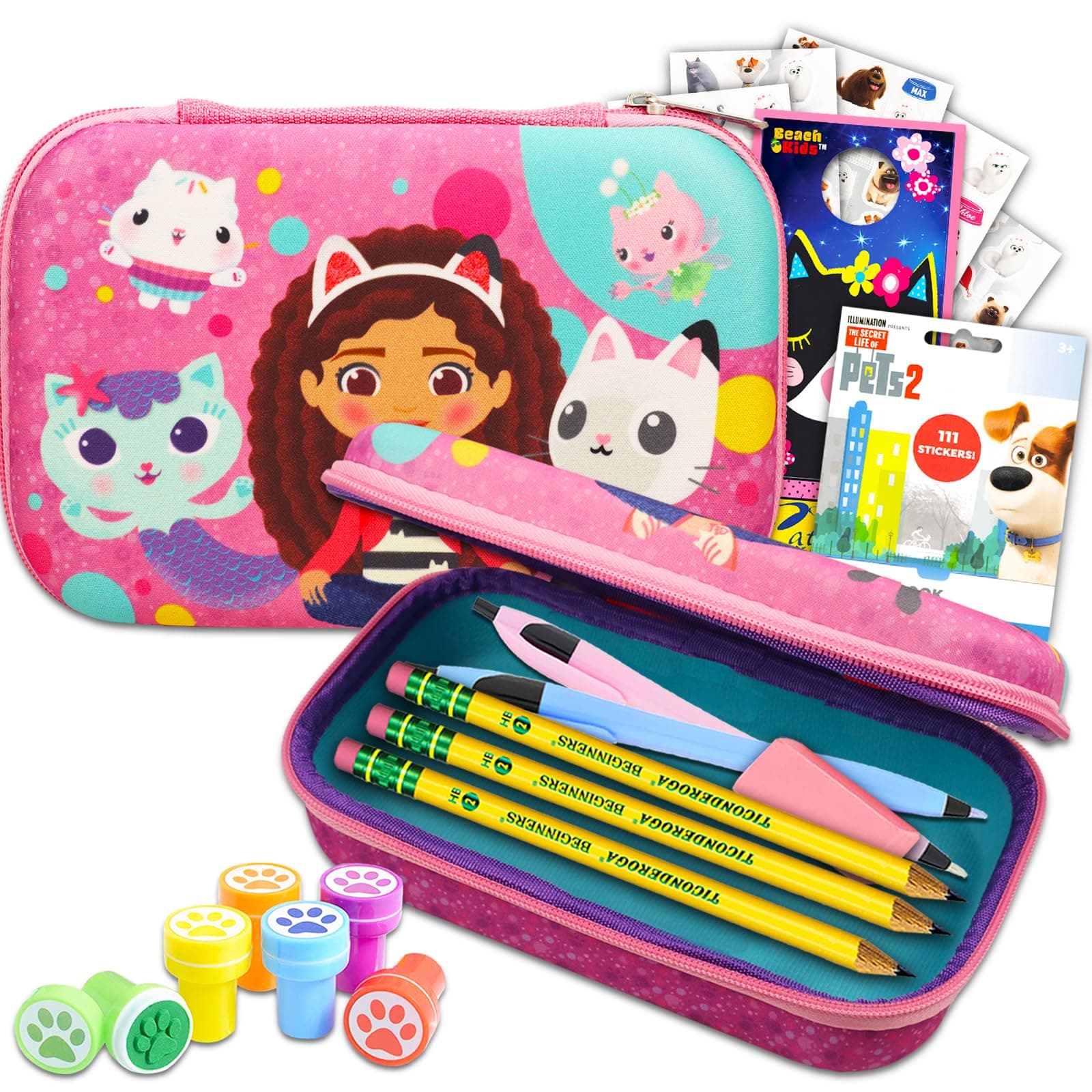 Beach Kids Gabby's Dollhouse Pencil Box Set - Bundle with Gabby's Dollhouse Pencil Case, Stampers, Stickers, More | Gabby's Dollhouse Stationery Set for Girls, Toddlers