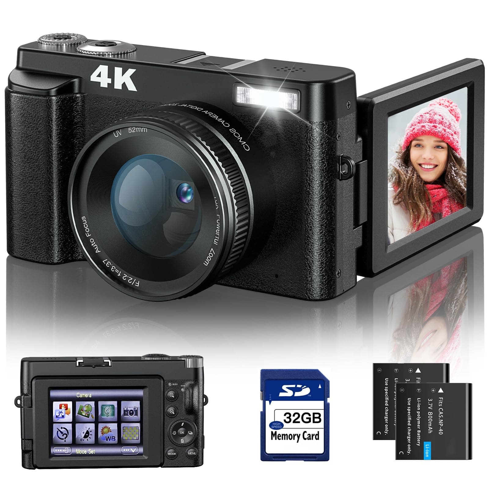 4K Digital Camera, Autofocus, 48 Megapixels, 4K Resolution,HDMI Output, 16x Digital Zoom, 3-Inch Large Screen, Spare Battery 128 Gb
