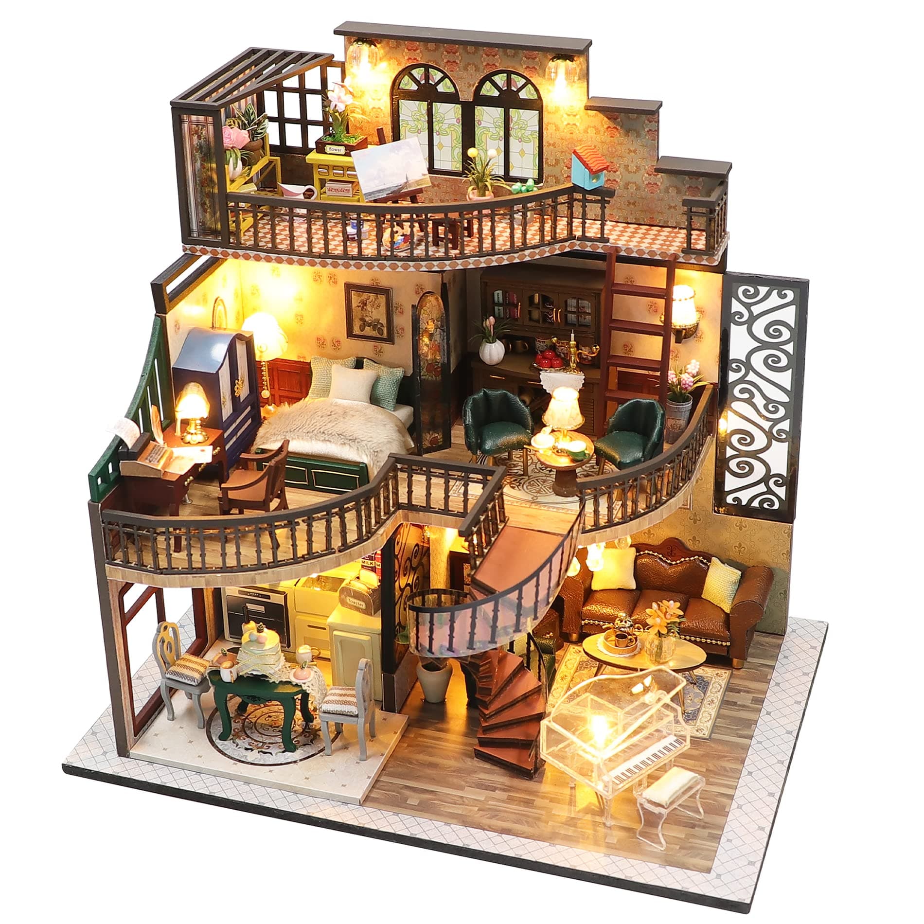 Spilay DIY Miniature Dollhouse Kit with Wooden Furniture,1:24 Scale Mini House with Dust Proof Cover & Music Box,Best Valentine's Day (M2132)