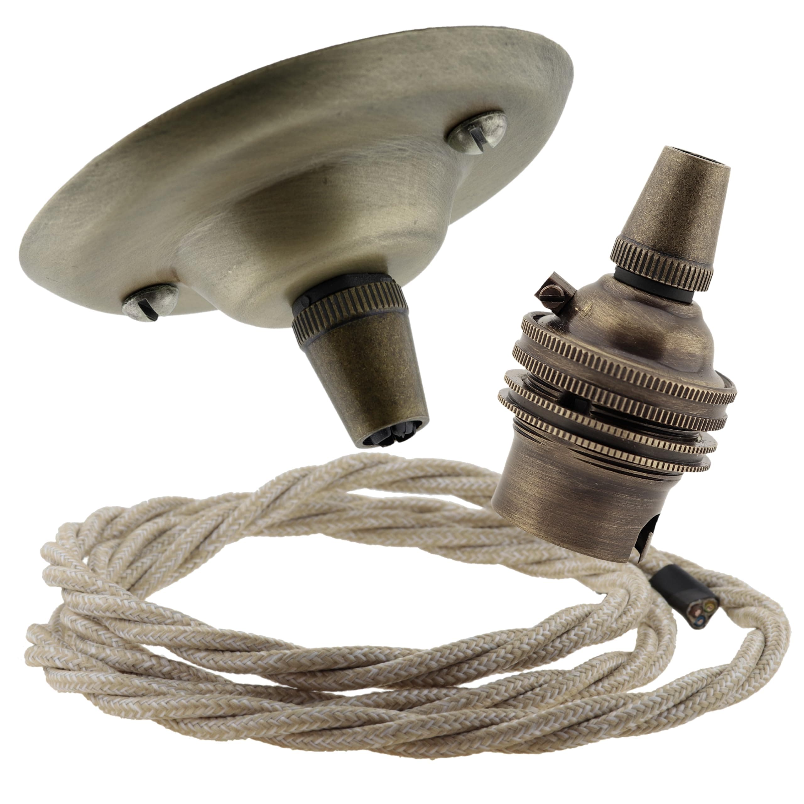 Repaireum Ltd. Vintage Styled Ceiling Pendant Kit incl. Antiqued Brass Finish Rose, B22 Bulb Holder and 3 Core Linen Effect Braided Twisted Flex