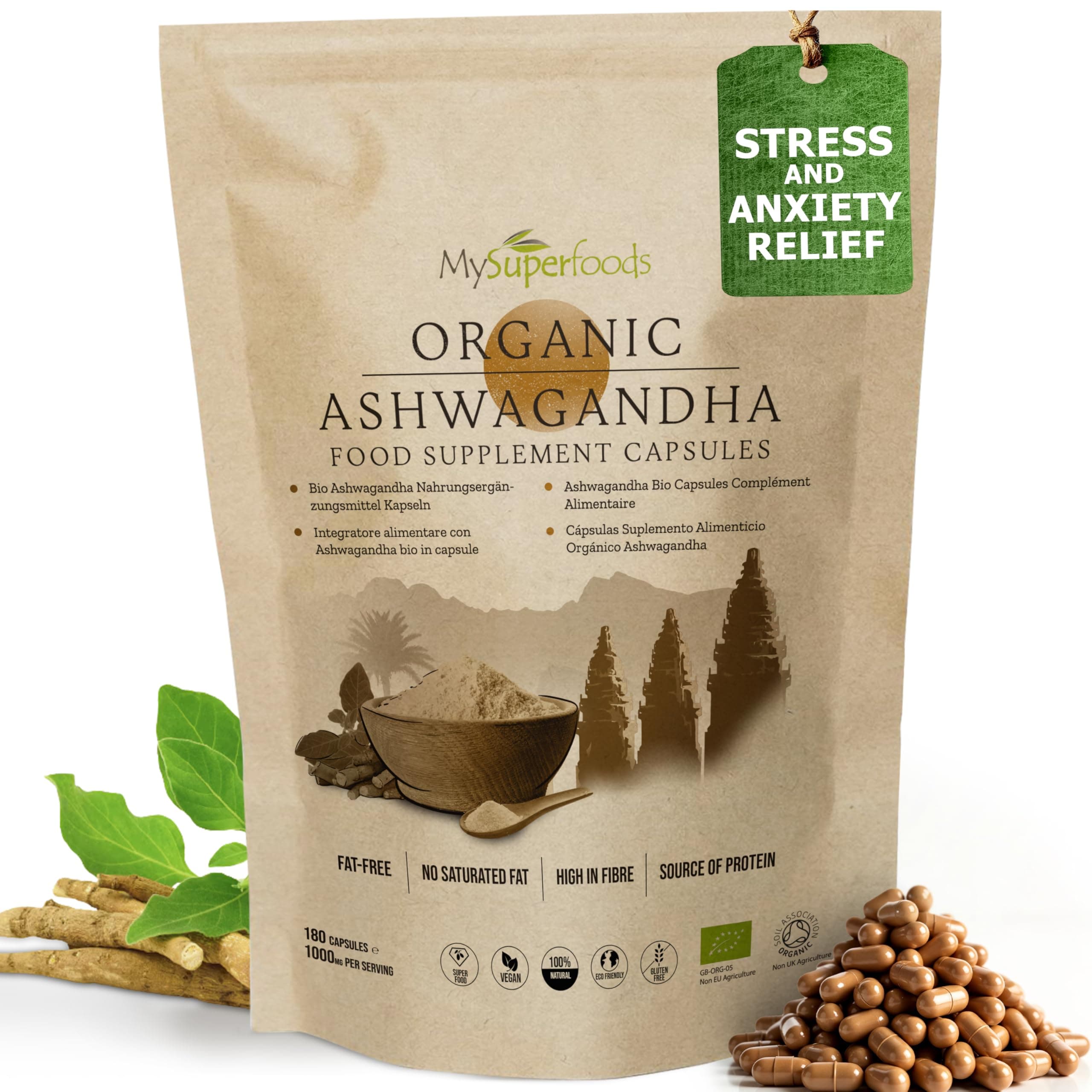 Ashwagandha Capsules | Organic | 1000mg per Serving | 180 Capsules | Stress Relief, Energy, Strength & Endurance | MySuperfoods