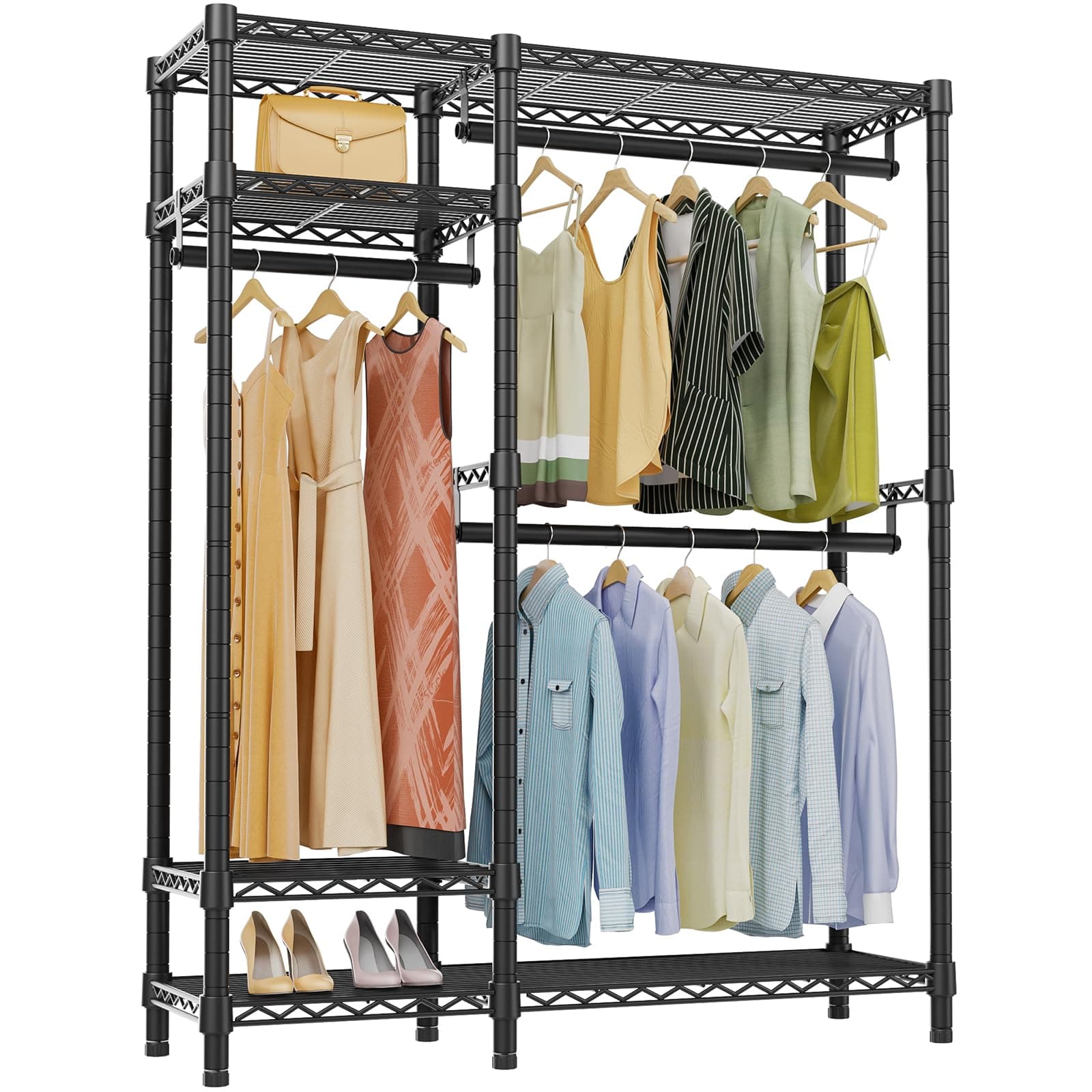 VIPEK V2S Garment Rack Heavy Duty Commercial Grade Rack, 4 Tiers Adjustable Wire Shelving Clothing Racks with 3 Hanging Rods, Freestanding Closet Metal Wardrobe Closet, Max Load 650LBS, Black