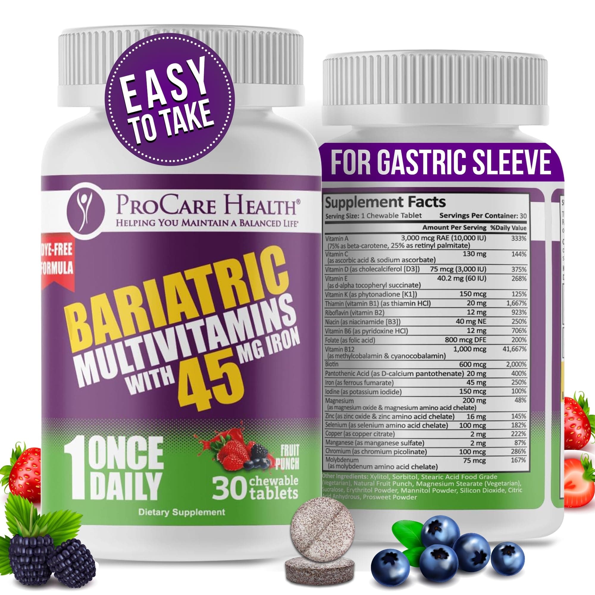 Bariatric Multivitamin with Iron 45mg Chewable (30 Tablets) - Fruit Punch Flavor Bariatric Multivitamin Chewable Pills for Gastric Bypass & Sleeve Gastrectomy Patients (01 Month Supply)
