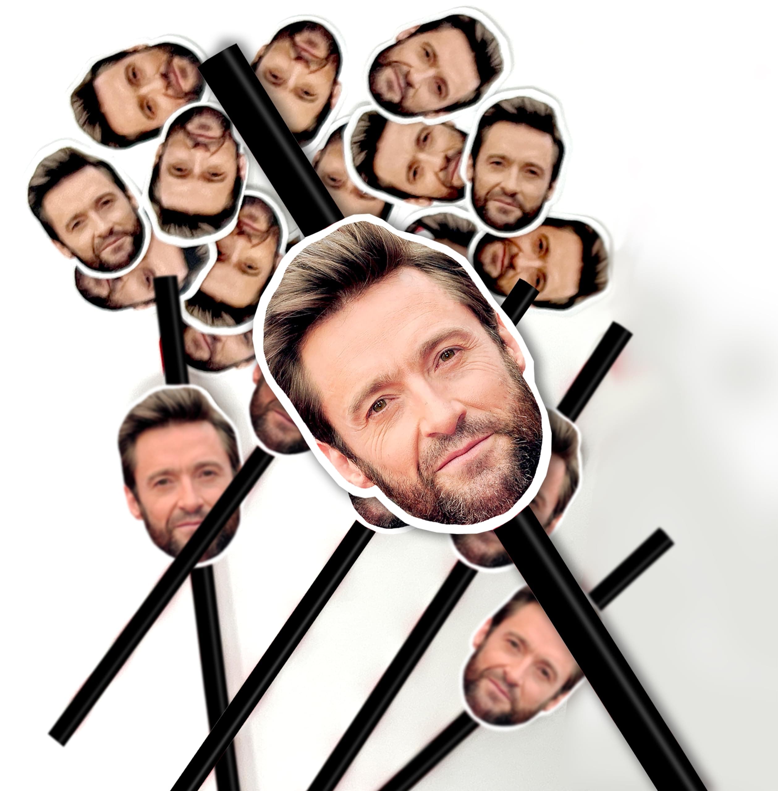 20 Personalised Face Straws - Custom Cut-Out Photos of face of Your Choice, Complete with fixings for You to Attach - Fun for Hen Party, stag do, Birthday etc (20 Straws) - Black