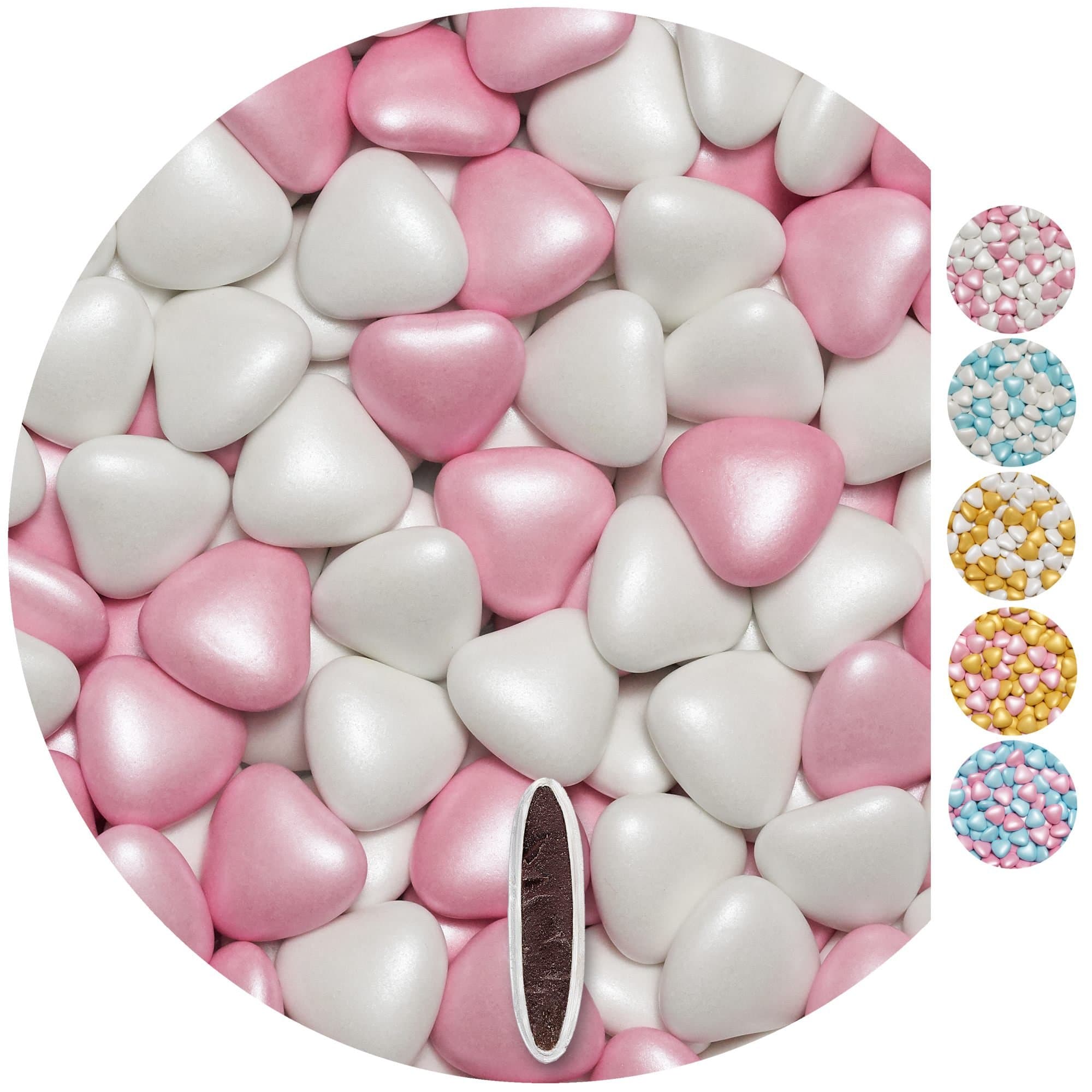 EinsSein 1kg Sugared Chocolate Hearts Dragees mix med white-pink pearl heart chocolates sweets dragées dragees wedding mini favours guests shapes chocolate table hearts party baptism sweet sugared