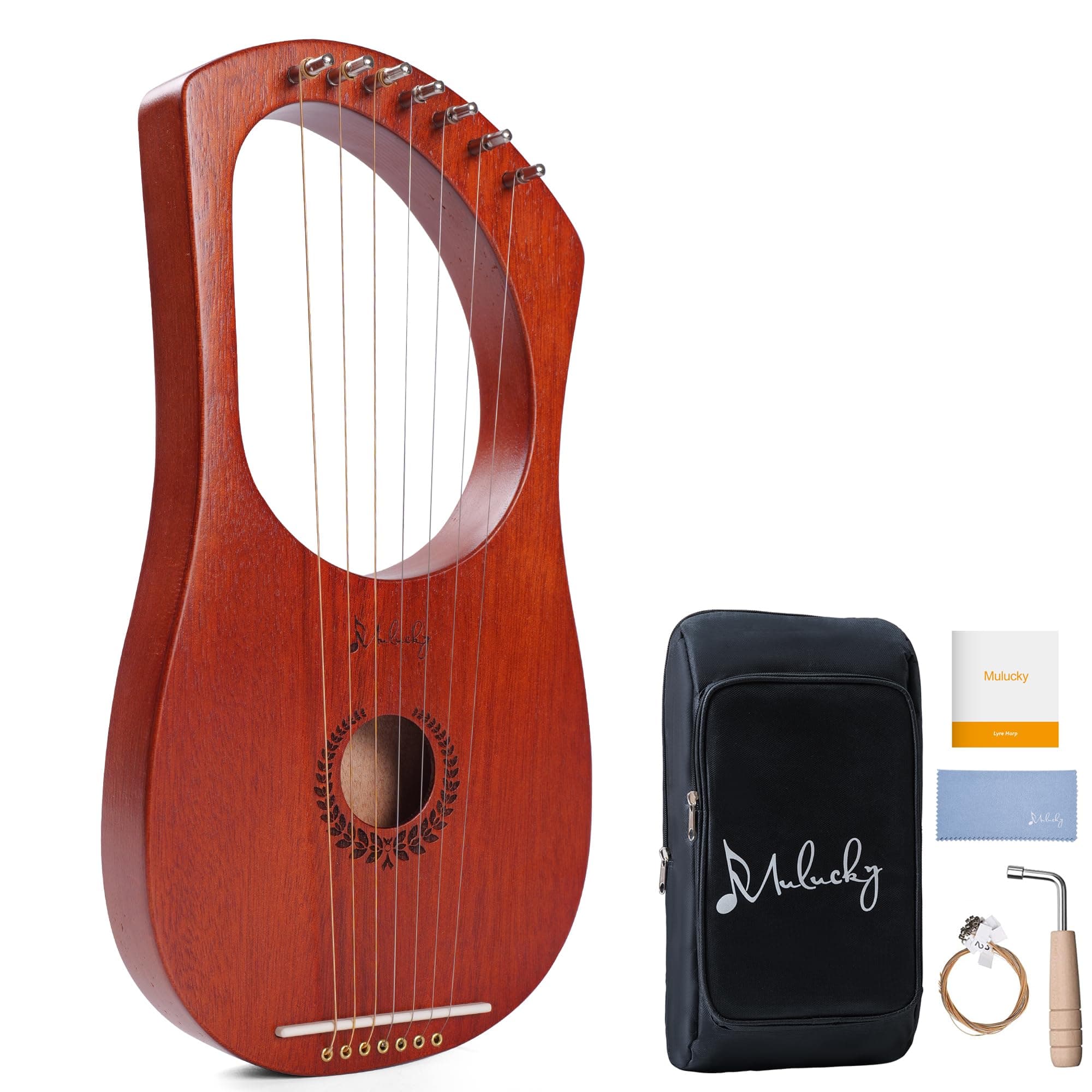 Lyre Harp Mulucky 7 Metal Lyre Steel String Bone Saddle Mahogany Lyre Instrument with Tuning Wrench and Black Gig Bag - MLH701