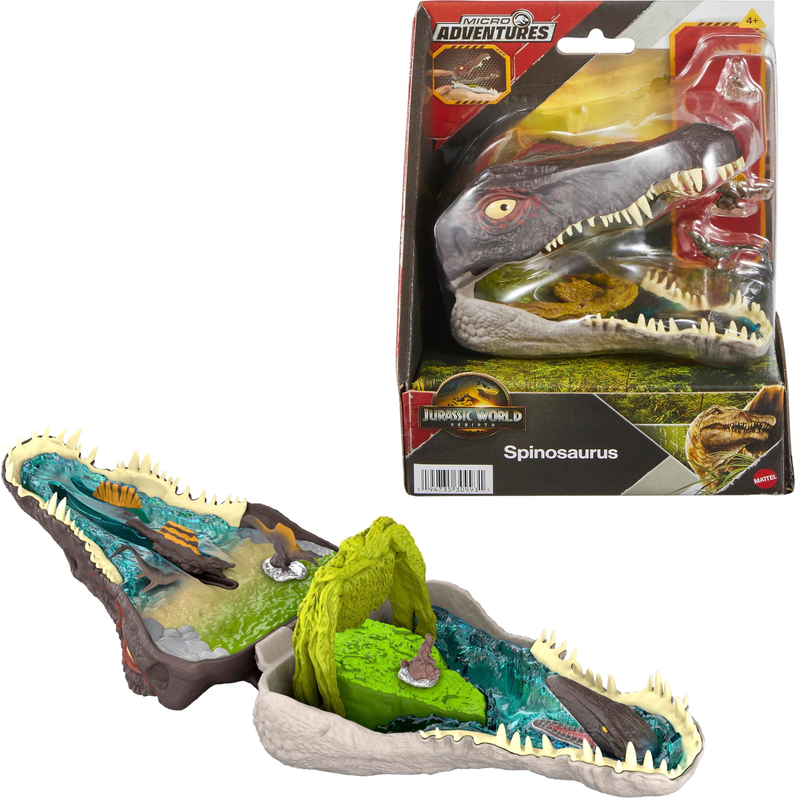 Jurassic World Rebirth Micro Adventure Playset, Spinosaurus Head Opens to 4 Interactive Features, 3 Micro Figures, Dinosaur Toy