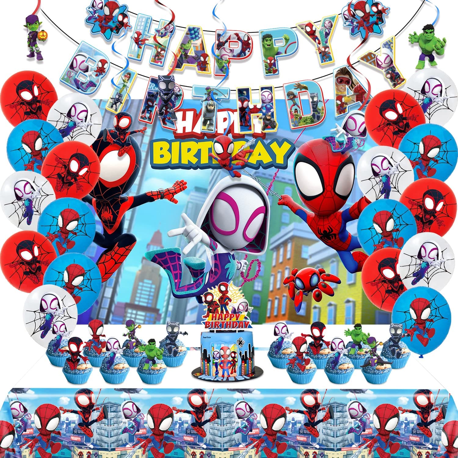 Spidey Birthday Decorations and Party Supplies Set includes banner, backdrop, balloons, hanging swirls, cake cupcake topper, table cloth for boys, girls, spidy theme parties