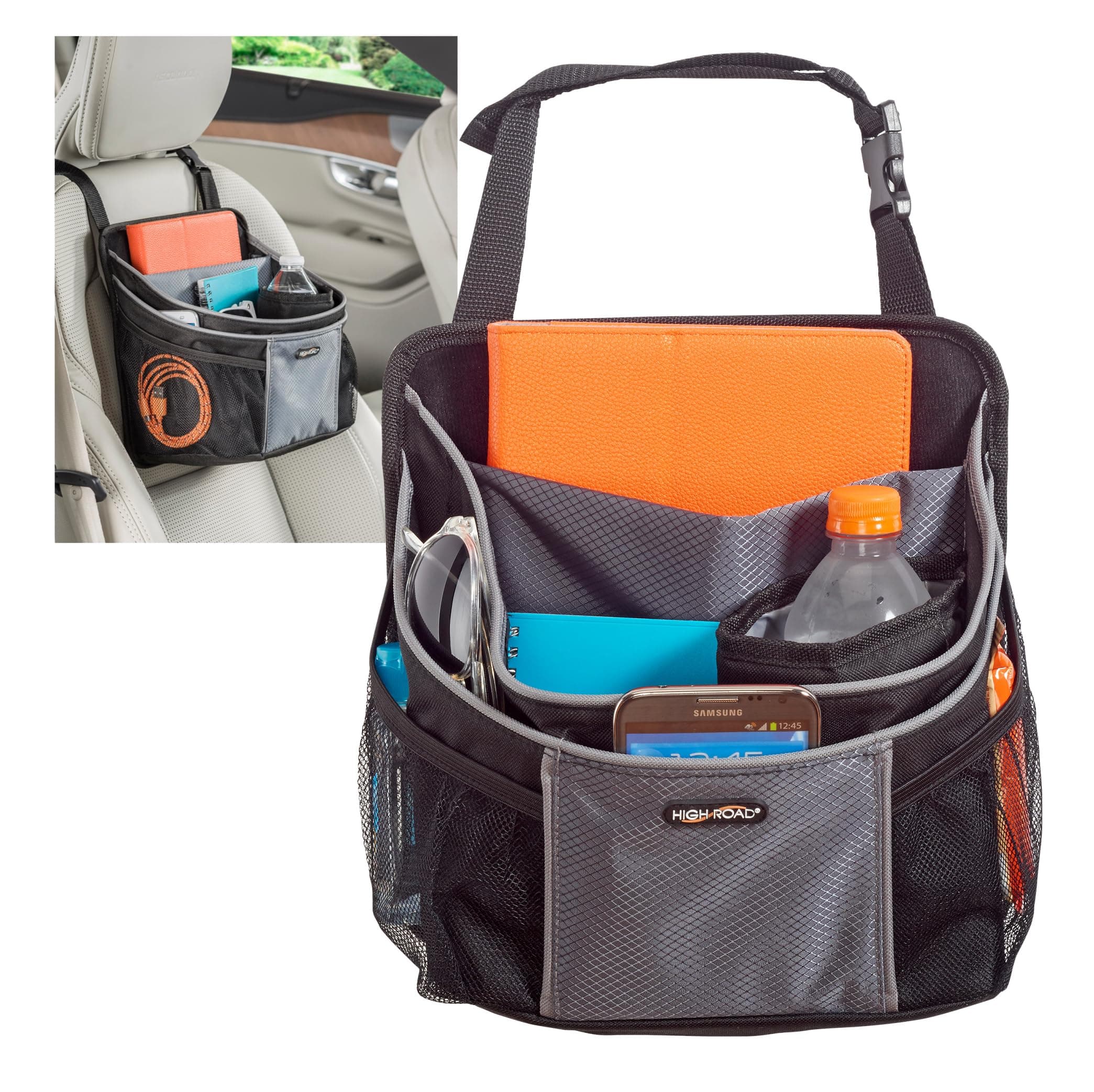 High Road DriverStash Passenger Front Seat or Car Seatback Organizer with Insulated Cup Holder and 10 Multipurpose Pockets for SUVs, Cars, Trucks and Vans