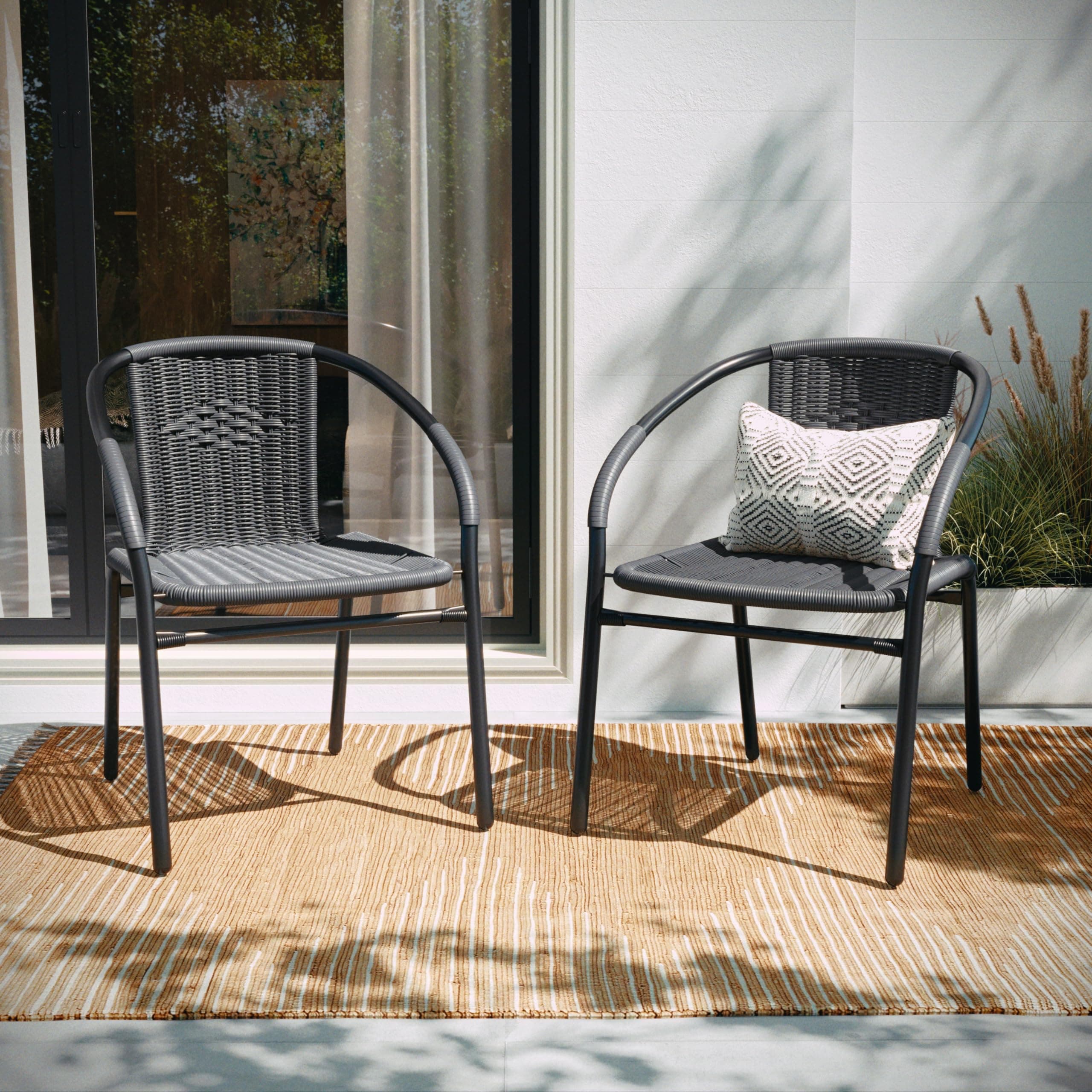 EMMA + OLIVER Set of 2 Modern Rattan Indoor/Outdoor Stack Chairs, Stacking Rattan Patio Chairs with Curved Back and Cross Bracing, Gray