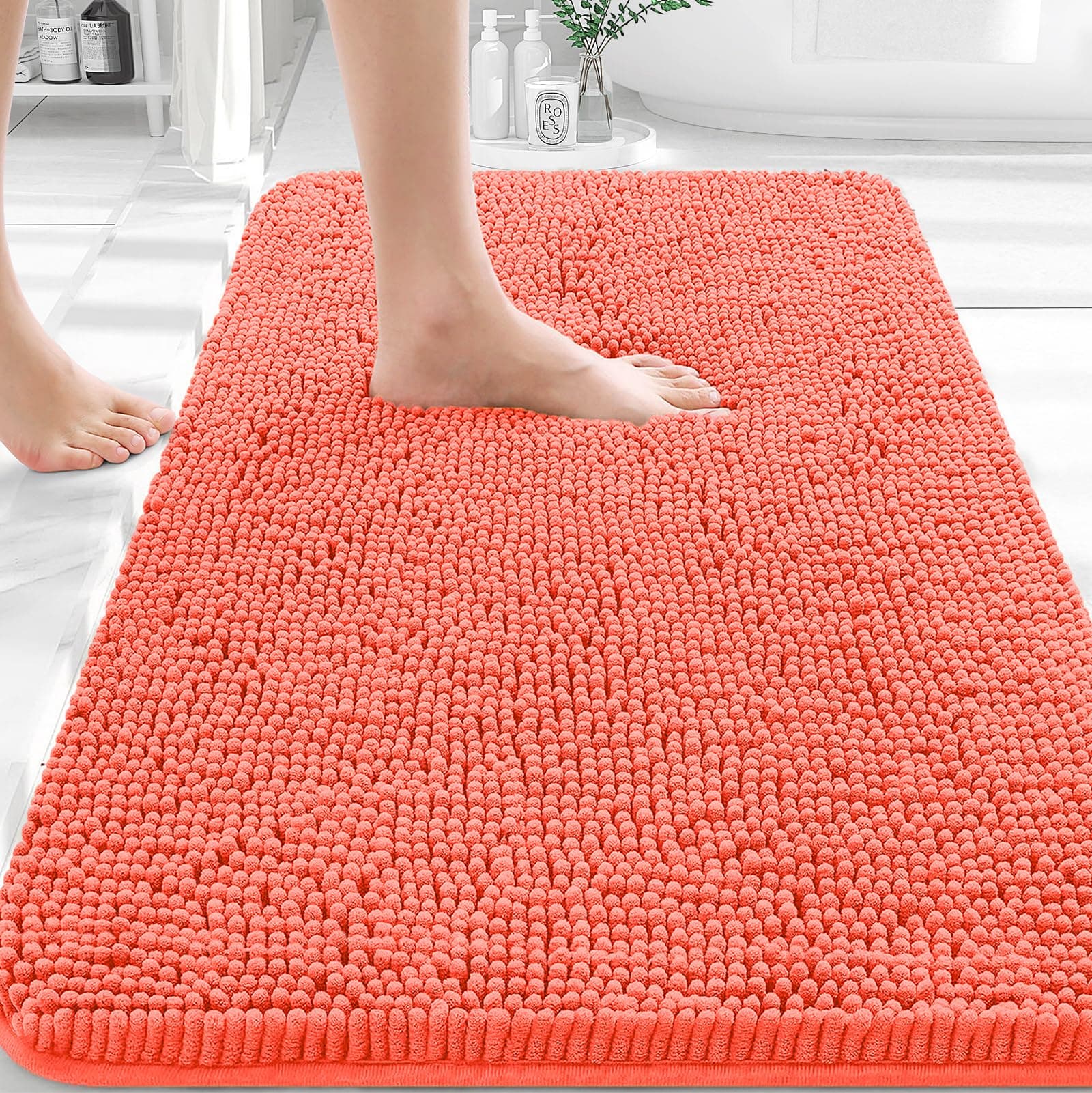 OLANLY Bathroom Rug 30x20, Extra Soft Absorbent Chenille Bath Mat, Rubber Backing Quick Dry, Machine Washable Bath Mat for Bathroom Floor, Bathtub, Shower, Home Decor Accessories, Coral