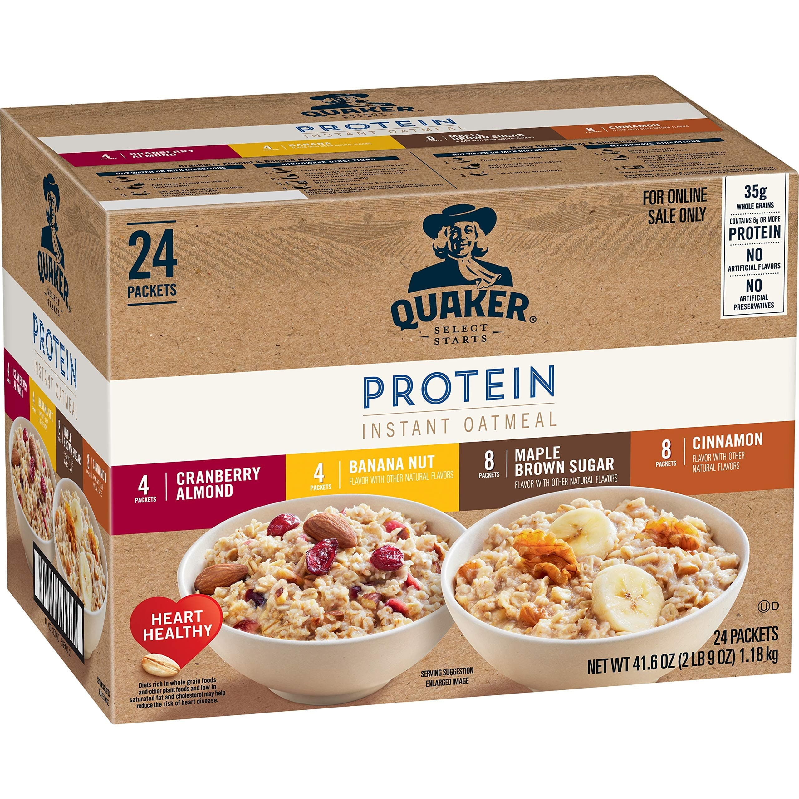 Quaker Protein Instant Oatmeal, 4 Flavor Variety Pack, 12g Protein per Serving, Whole Grains, No Artificial Flavors, No Added Colors, (24 Pack)