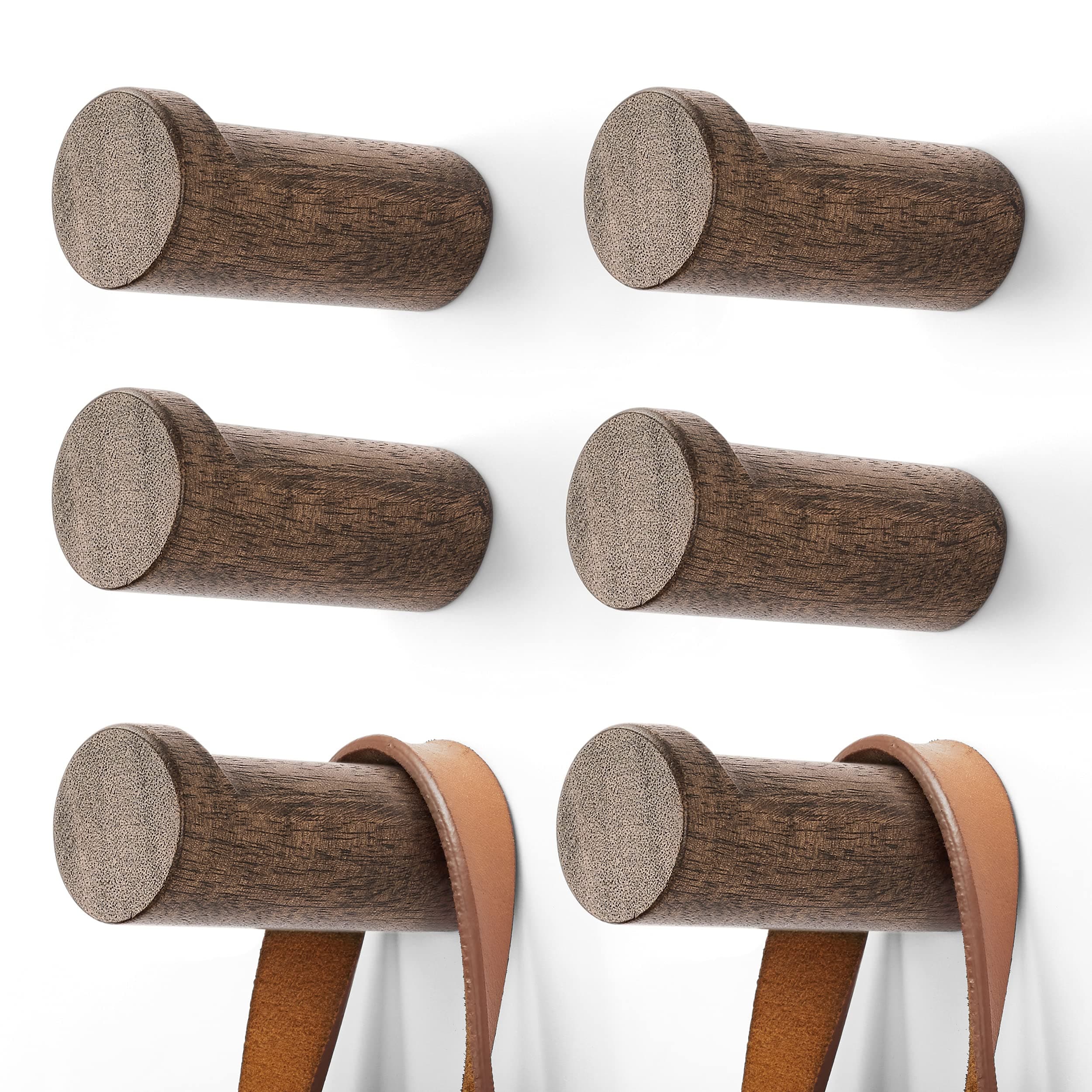 Wooden Coat Hook Wall Mounted (6 Packs) Hat Hooks, Single Coat Hat Rack Wall Mount, Wood Coat Hanger for Hanging Hat, Towel, Bag, Rope (Dark Grey, 3" Set 6)