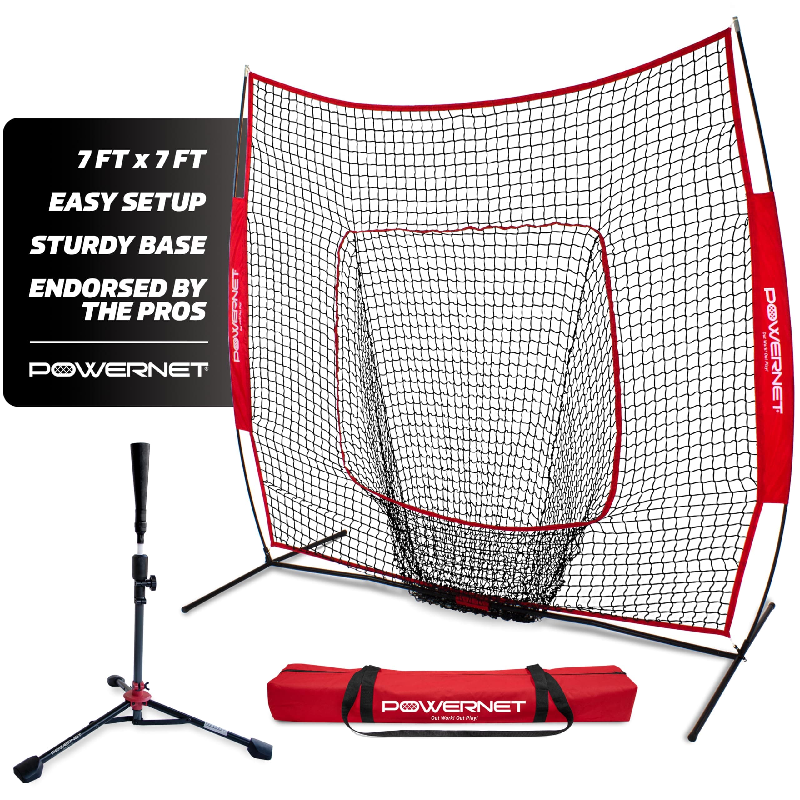 PowerNetBaseball Softball Practice Net 7x7 with Travel Tee | Practice Hitting, Pitching, Batting, Fielding | Portable, Backstop, Training Aid, Large Mouth, Bow Frame | Training Equipment Bundle