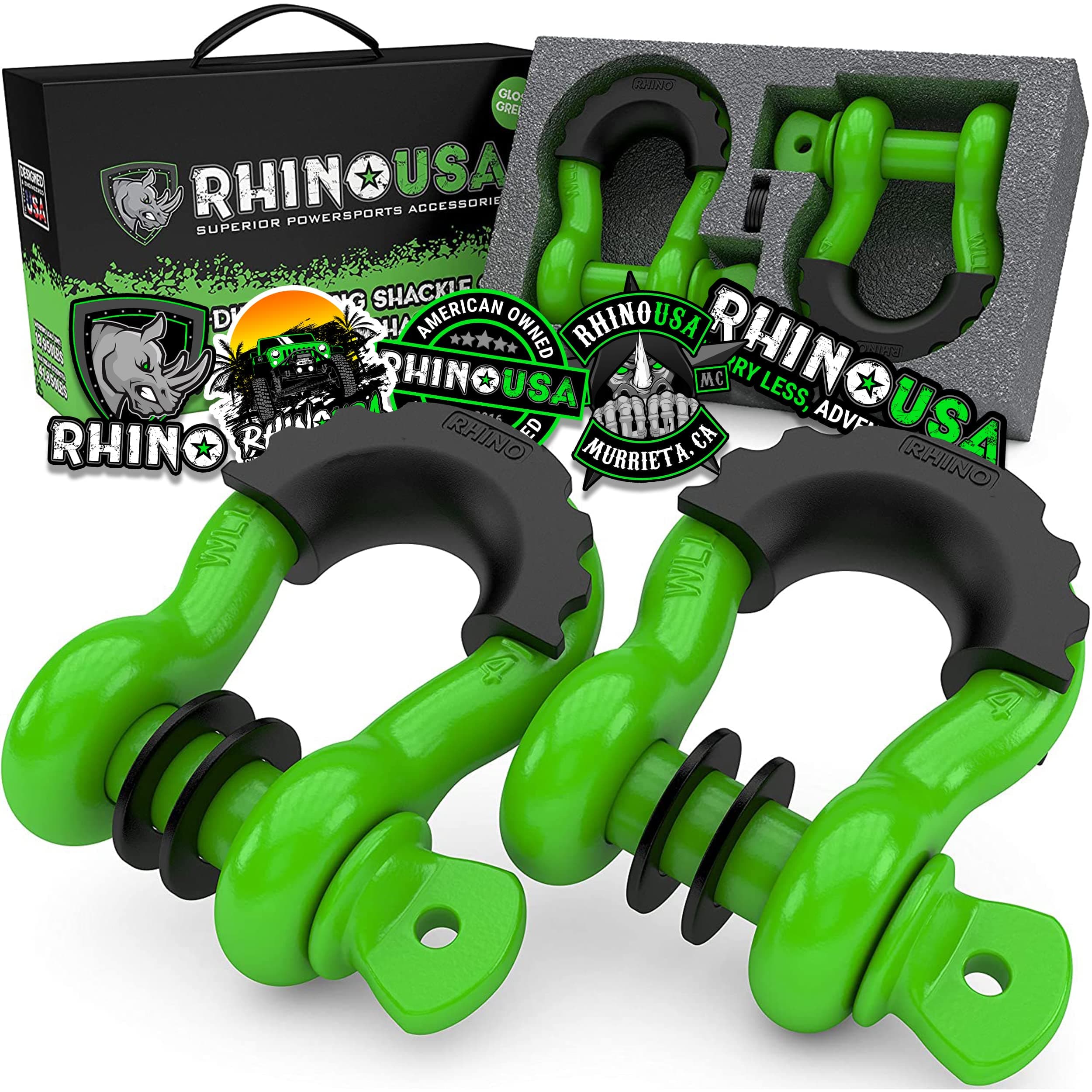 Rhino USAD Ring Shackle 41,850lb Break Strength – 3/4” Shackle with 7/8 Pin for use with Tow Strap, Winch, Off-Road Jeep Truck Vehicle Recovery, Best Offroad Towing Accessories (Green 2-Pack)