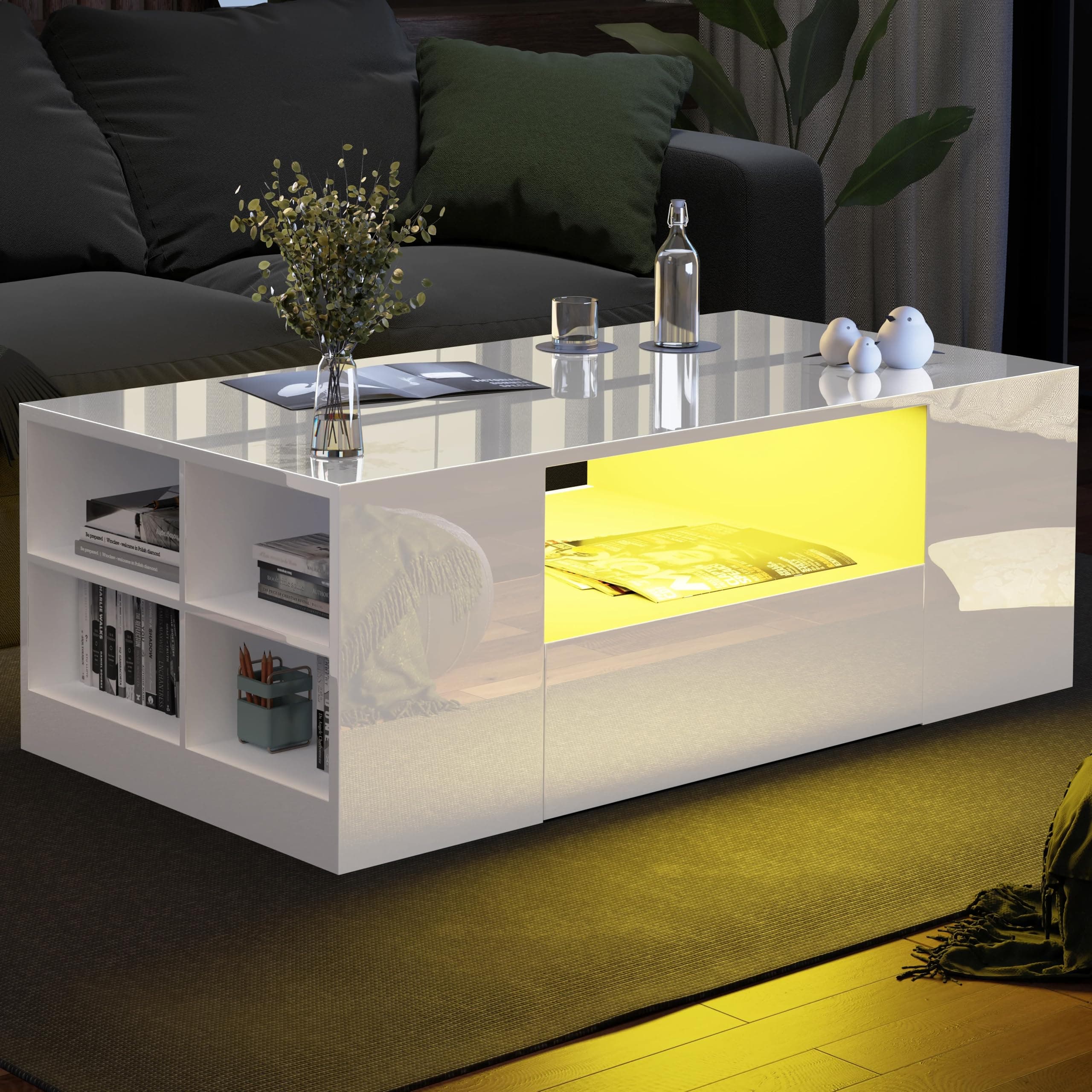 Blisswood Led Coffee Table with 2 Drawer Storage, High Gloss Coffee Table for Living Room Wooden Centre Table with RGB Led Lights Rectangle Tea Table for Living Room Furniture, White