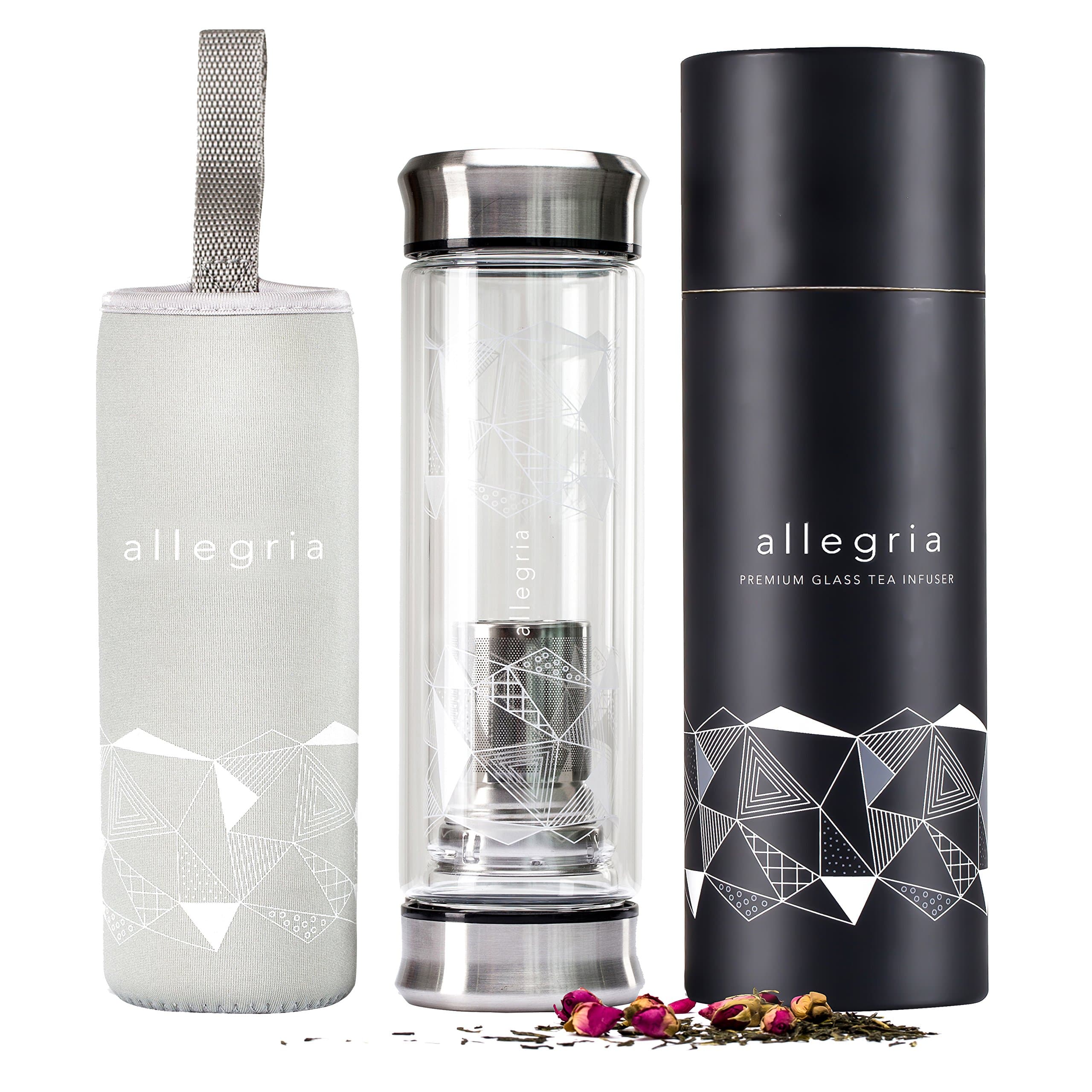 Tea Infuser Travel Mug | Insulated Sweatproof Stainless Steel Loose Tea Steeper Strainer | 13.5 Oz (400ml) | Glass Bottle Coffee Cold Brew Fruit Infusion Tumbler Flask with Sleeve by allegria